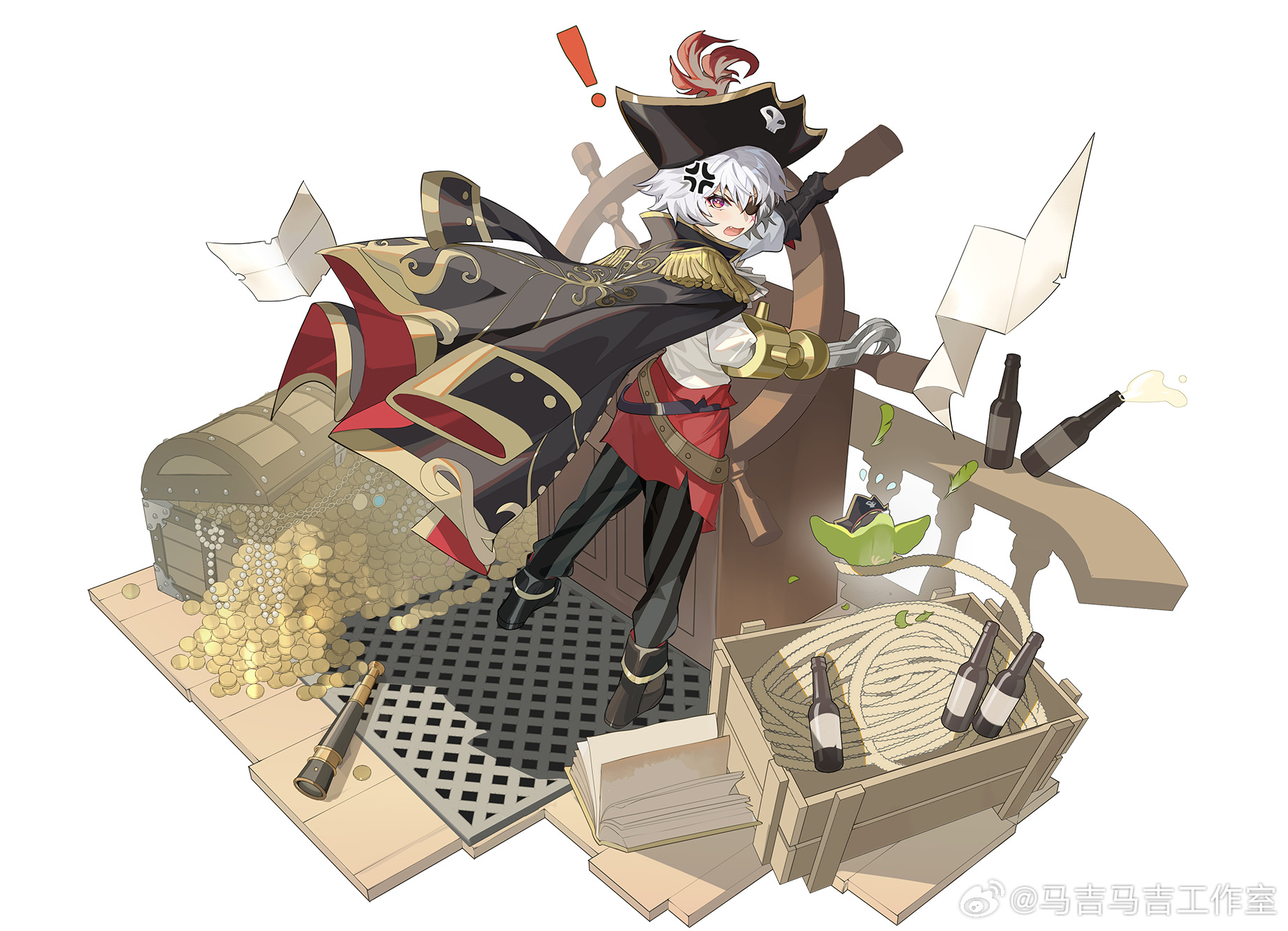 majimaji studio, higan: eruthyll, chinese commentary, highres, official art, !, 1girl, alternate costume, androgynous, anger vein, angry, animal, ascot, beer bottle, belt, bicorne, bird, black boots, black coat, black gloves, black hat, black pants, boat, book, boots, brown belt, calin (higan: eruthyll), clothed animal, coat, coat on shoulders, coin, crater, epaulettes, eyepatch, fang, flying paper, flying sweatdrops, fold-over boots, from behind, full body, gloves, gold coin, hair between eyes, hat, hat feather, hook hand, looking at viewer, looking back, monocular, on boat, open book, open mouth, pants, paper, pile of coins, pink eyes, pirate, pirate hat, red coat, rope, sailing ship, scar, scar on face, ship, ship's wheel, shirt, short hair, single glove, skull print, solo, spilling, standing, striped clothes, striped pants, telescope, treasure chest, two-sided coat, two-sided fabric, vertical-striped clothes, vertical-striped pants, waist cape, watercraft, watermark, weibo watermark, white ascot, white background, white hair, white shirt, wooden floor