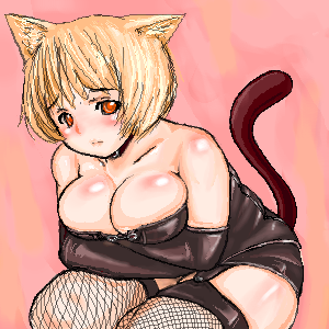 fishnet legwear, lowres, animal ears, blonde hair, cat ears, cat tail, corset, fishnets, garter belt, oekaki, red eyes, short hair, tail, thighhighs