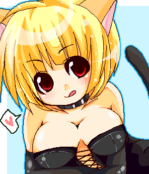 lowres, ahoge, animal ears, blonde hair, cat ears, collar, corset, elbow gloves, gloves, oekaki, red eyes, short hair