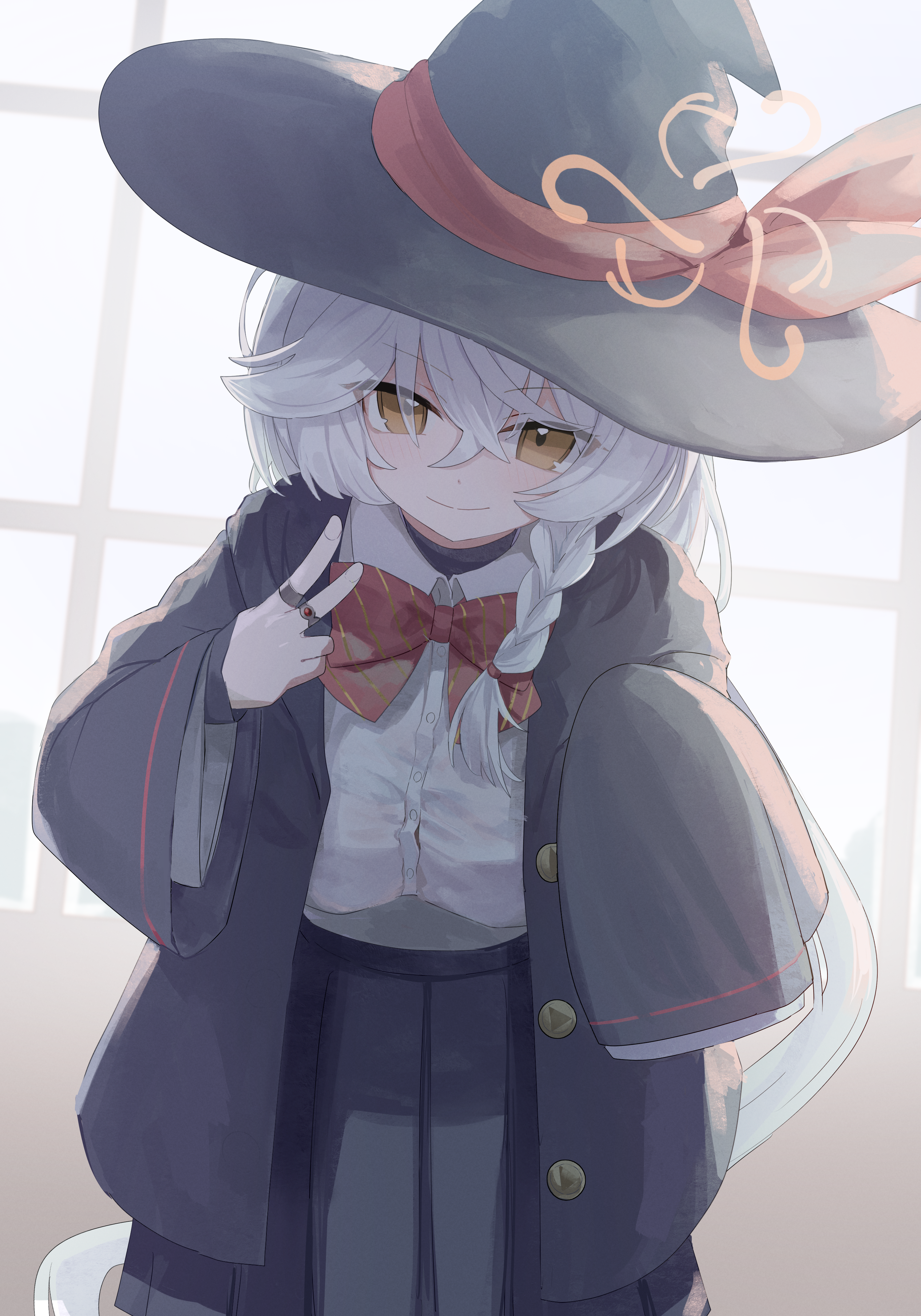 nacoty, eri (blue archive), blue archive, absurdres, highres, 1girl, bow, braid, hat, long hair, shirt, skirt, sleeves past wrists, solo, white hair, white shirt, witch hat