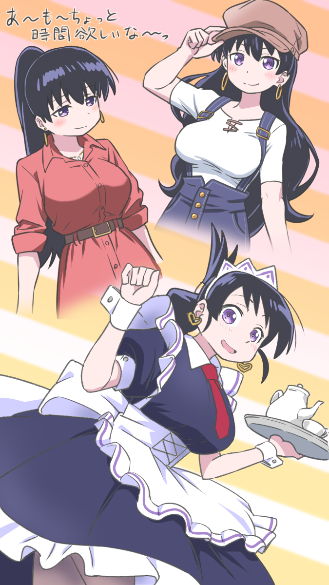senbei oekaki, arato nagi, ruri no houseki, highres, tagme, 1girl, apron, black hair, blue eyes, blue overalls, blush, breasts, dress, earrings, hat, jewelry, large breasts, maid apron, maid headdress, multiple views, official alternate costume, overalls, red dress, smile