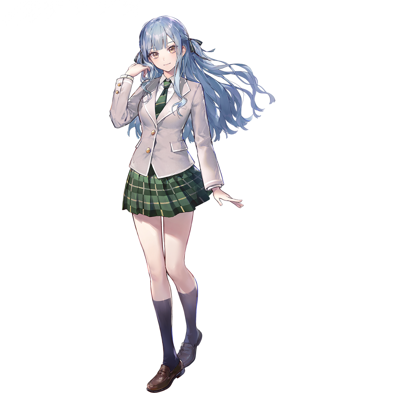 yuan quanquan ren, togawa sakiko, arknights, bang dream!, bang dream! it's mygo!!!!!, highres, official art, third-party source, 1girl, black ribbon, black socks, blue hair, brown shoes, closed mouth, collared shirt, diagonal-striped clothes, diagonal-striped necktie, full body, green necktie, green skirt, grey jacket, hair ribbon, hand up, haneoka school uniform, jacket, kneehighs, loafers, long hair, long sleeves, necktie, plaid clothes, plaid skirt, pleated skirt, ribbon, school uniform, shirt, shoes, sidelocks, skirt, socks, solo, striped clothes, tachi-e, transparent background, white shirt, yellow eyes