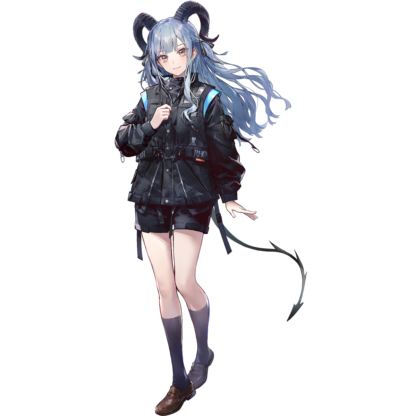 yuan quanquan ren, togawa sakiko, arknights, bang dream!, bang dream! it's mygo!!!!!, highres, official art, third-party source, 1girl, black jacket, black ribbon, black shorts, black socks, brown shoes, closed mouth, demon horns, demon tail, full body, hair ribbon, horns, jacket, kneehighs, loafers, long sleeves, looking at viewer, ribbon, shoes, shorts, sidelocks, socks, solo, tachi-e, tail, togawa sakiko (master of melodia), transparent background, yellow eyes