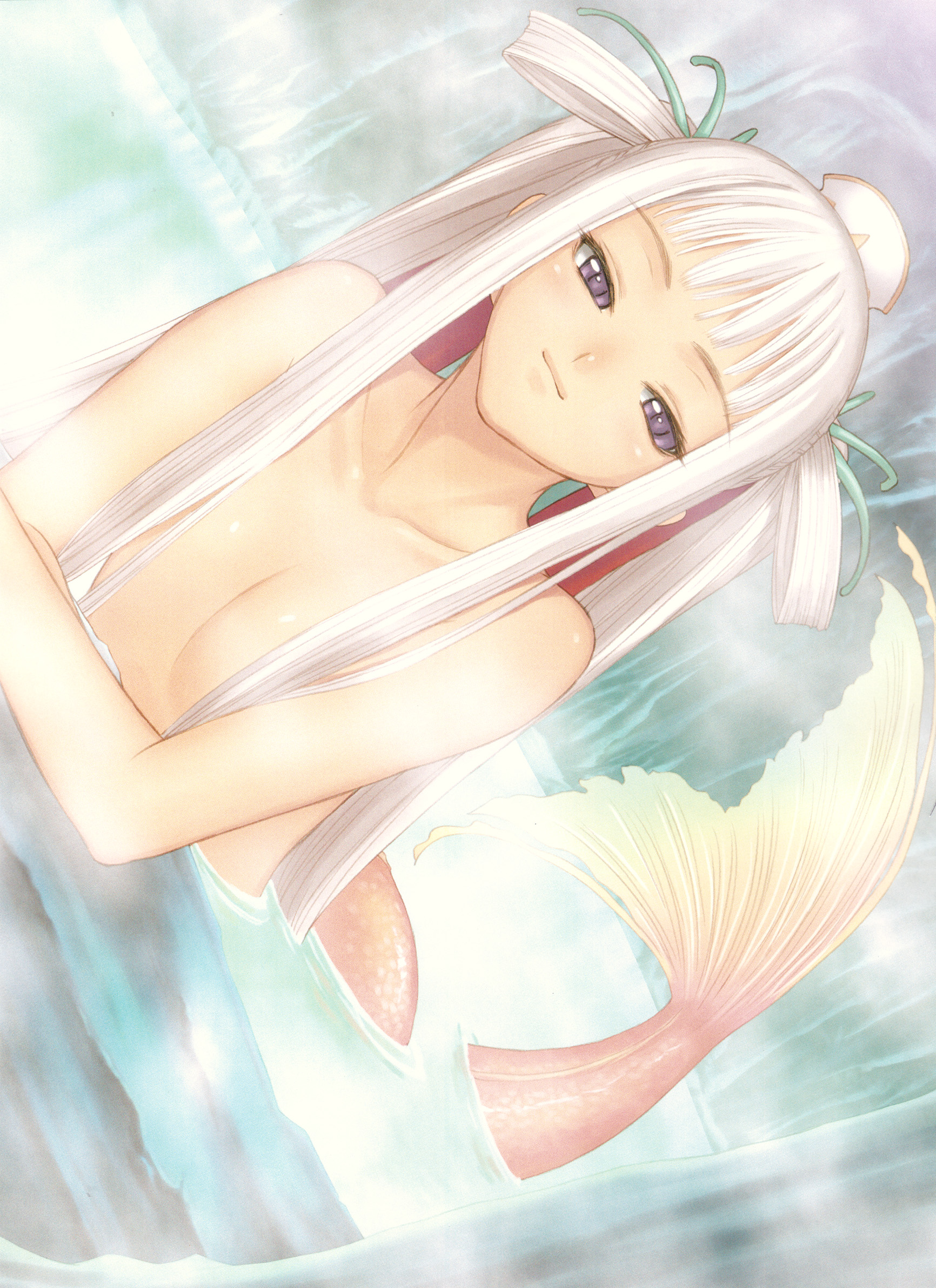tony taka, houmei, sega, shining (series), shining tears, shining tears x wind, shining wind, highres, 00s, 1girl, blush, female focus, long hair, mermaid, monster girl, nude, partially submerged, solo, water