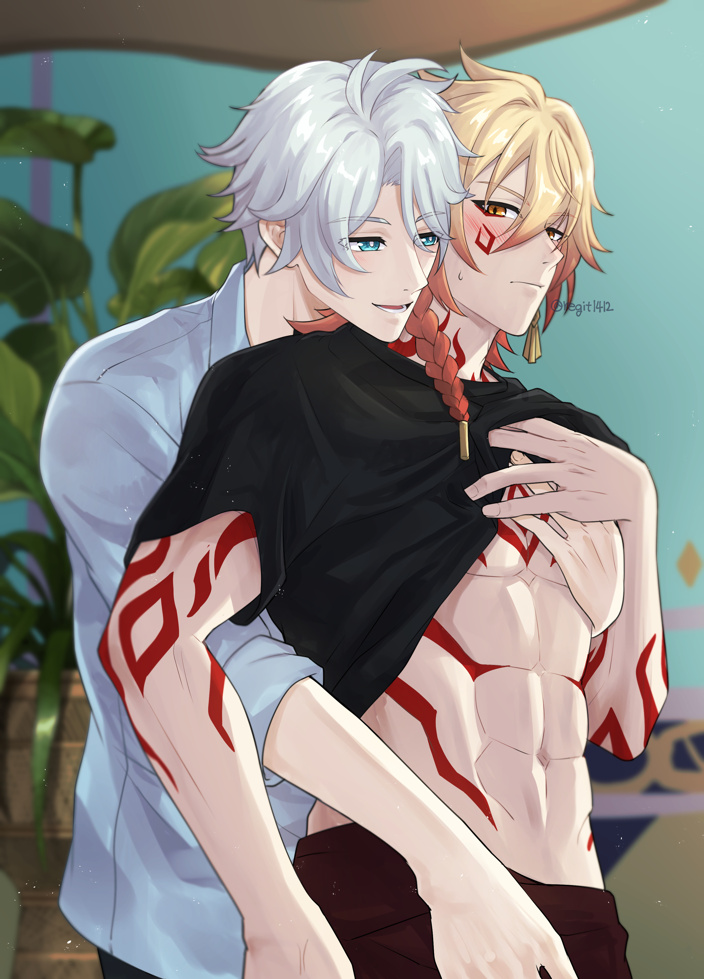 mydei (honkai: star rail), phainon (honkai: star rail), honkai: star rail, honkai (series), absurdres, commentary, english commentary, highres, 2boys, abs, antenna hair, arm tattoo, black shirt, blonde hair, blue eyes, braid, chest tattoo, clothes lift, collared shirt, facial tattoo, grabbing from behind, gradient hair, hair between eyes, male focus, medium hair, multicolored hair, multiple boys, parted bangs, pectoral grab, red hair, red tattoo, regit1412, shirt, shirt lift, short hair, side braid, tattoo, toned, toned male, white hair, white shirt, yaoi, yellow eyes