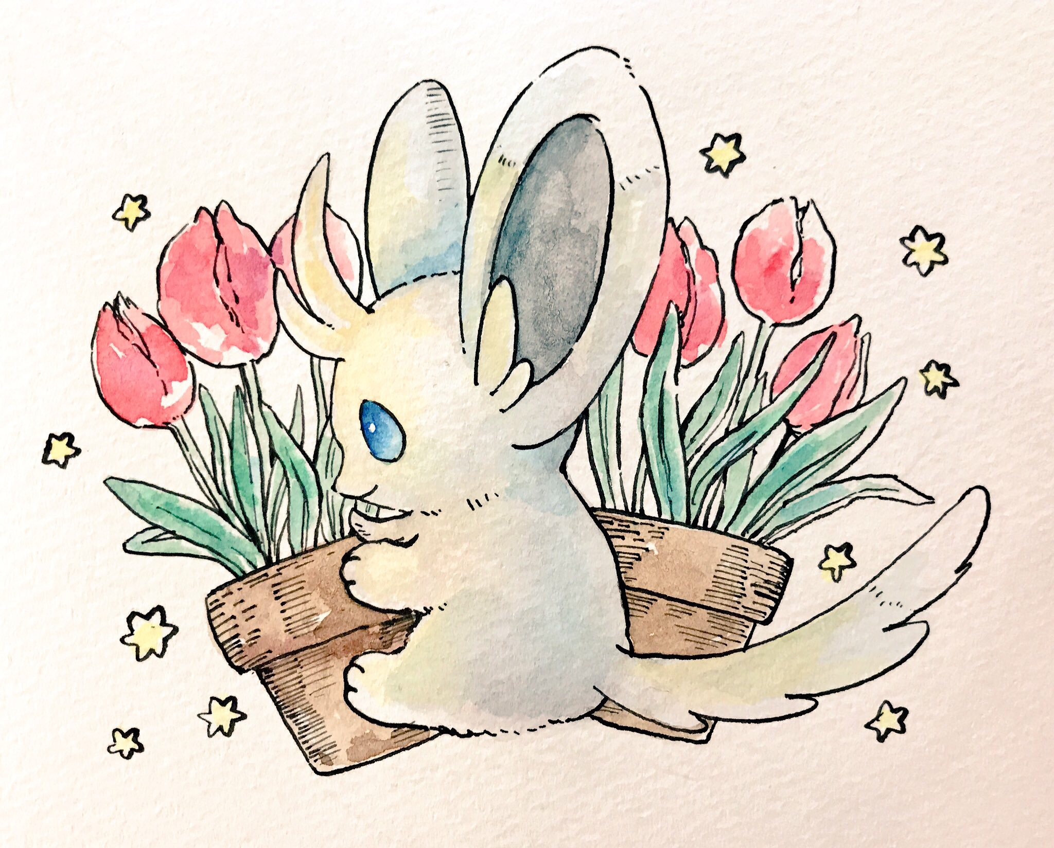 mint nappa, minccino, nintendo, pokemon, commentary request, highres, painting (medium), traditional media, watercolor (medium), animal focus, blue eyes, closed mouth, flower, full body, gen 5 pokemon, no humans, plant, pokemon (creature), potted plant, red flower, red tulip, simple background, smile, solo, tulip, white background