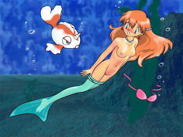 goldeen, mermaid misty (pokemon), misty (pokemon), nintendo, pokemon, 1girl, blue eyes, blush, breasts, earrings, female focus, full body, gen 1 pokemon, jewelry, long hair, medium breasts, mermaid, mermaid costume, monster girl, nature, navel, necklace, nipples, nude, plant, pokemon (creature), pussy, red hair, skinny dipping, solo, uncensored, underwater, undressing, water
