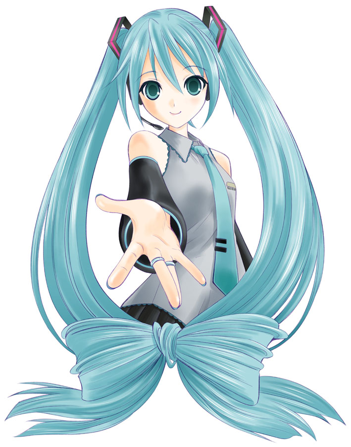 takeshita kenjirou, hatsune miku, vocaloid, vocaloid2, 1girl, aqua hair, aqua necktie, blouse, blush, bow-shaped hair, collared shirt, detached sleeves, female focus, frilled shirt, frills, grey shirt, hair between eyes, headset, long hair, necktie, shirt, simple background, skirt, sleeveless, sleeveless shirt, smile, solo, twintails, very long hair, white background