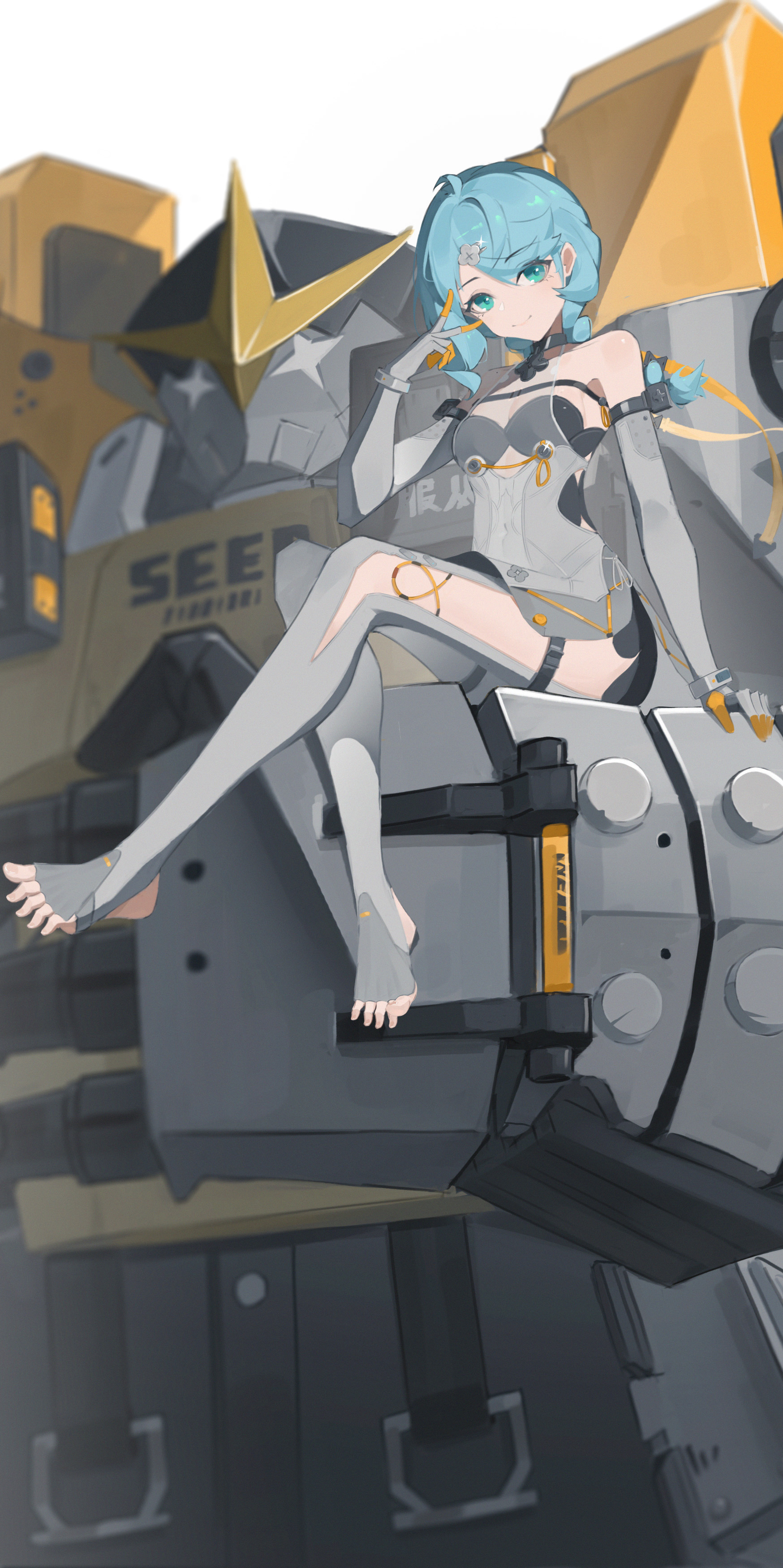 l1an9 (user xdpk2425), seed (zenless zone zero), seed sr., zenless zone zero, absurdres, highres, 1girl, ahoge, aqua eyes, bare shoulders, black bra, blue hair, bra, braid, breasts, elbow gloves, gloves, hair ornament, humanoid robot, long hair, looking at viewer, mole, mole on shoulder, robot, see-through dress layer, simple background, sitting, smile, stirrup legwear, toeless legwear, toes, underwear, v, v over eye, white background