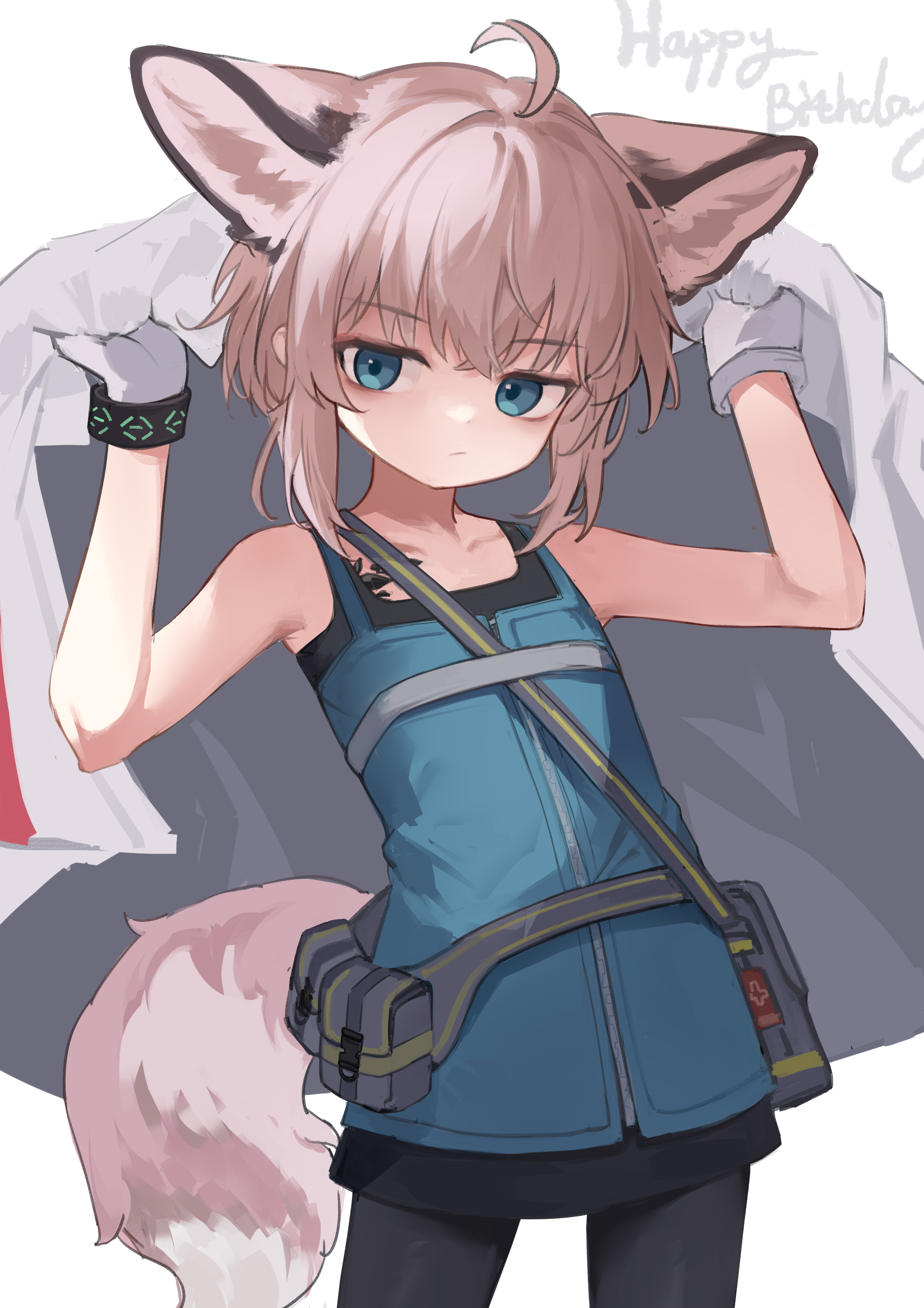 shio (shiofeifei), infection monitor (arknights), sussurro (arknights), arknights, absurdres, commentary request, highres, 1girl, ahoge, animal ears, aqua eyes, brown hair, closed mouth, cowboy shot, fox ears, fox girl, fox tail, gloves, grey gloves, happy birthday, holding, holding unworn clothes, looking at viewer, material growth, oripathy lesion (arknights), pouch, simple background, solo, tail, white background