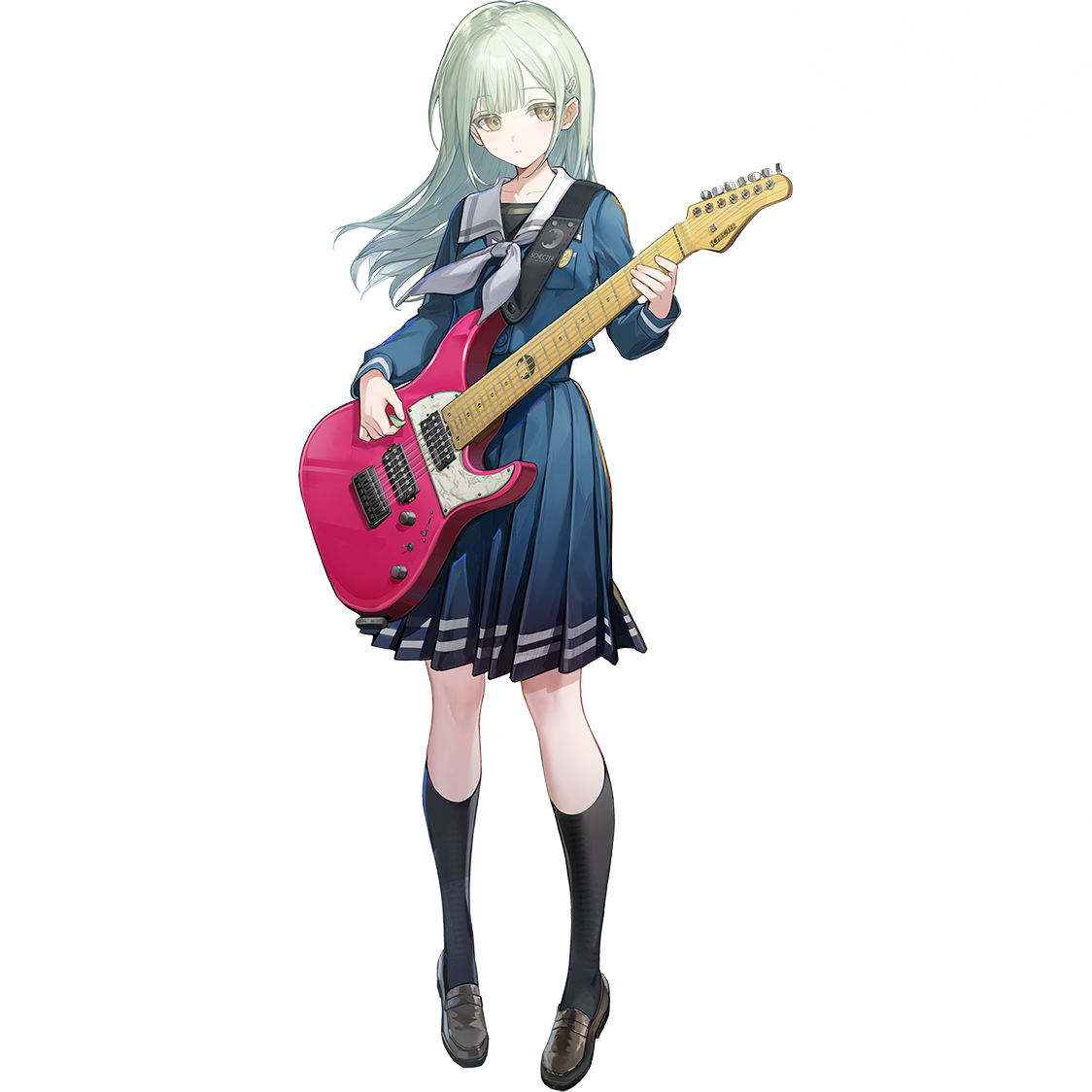 wenquangua, wakaba mutsumi, arknights, bang dream!, bang dream! it's mygo!!!!!, official art, third-party source, 1girl, 7-string guitar, black socks, blue shirt, blue skirt, brown shoes, closed mouth, extended range guitar, floating hair, full body, green hair, grey neckerchief, guitar, guitar strap, hair ornament, hairclip, holding, holding plectrum, instrument, kneehighs, loafers, long hair, long sleeves, neckerchief, pleated skirt, plectrum, schecter guitar, school uniform, shirt, shoes, simple background, skirt, socks, solo, tachi-e, transparent background, tsukinomori school uniform, yellow eyes