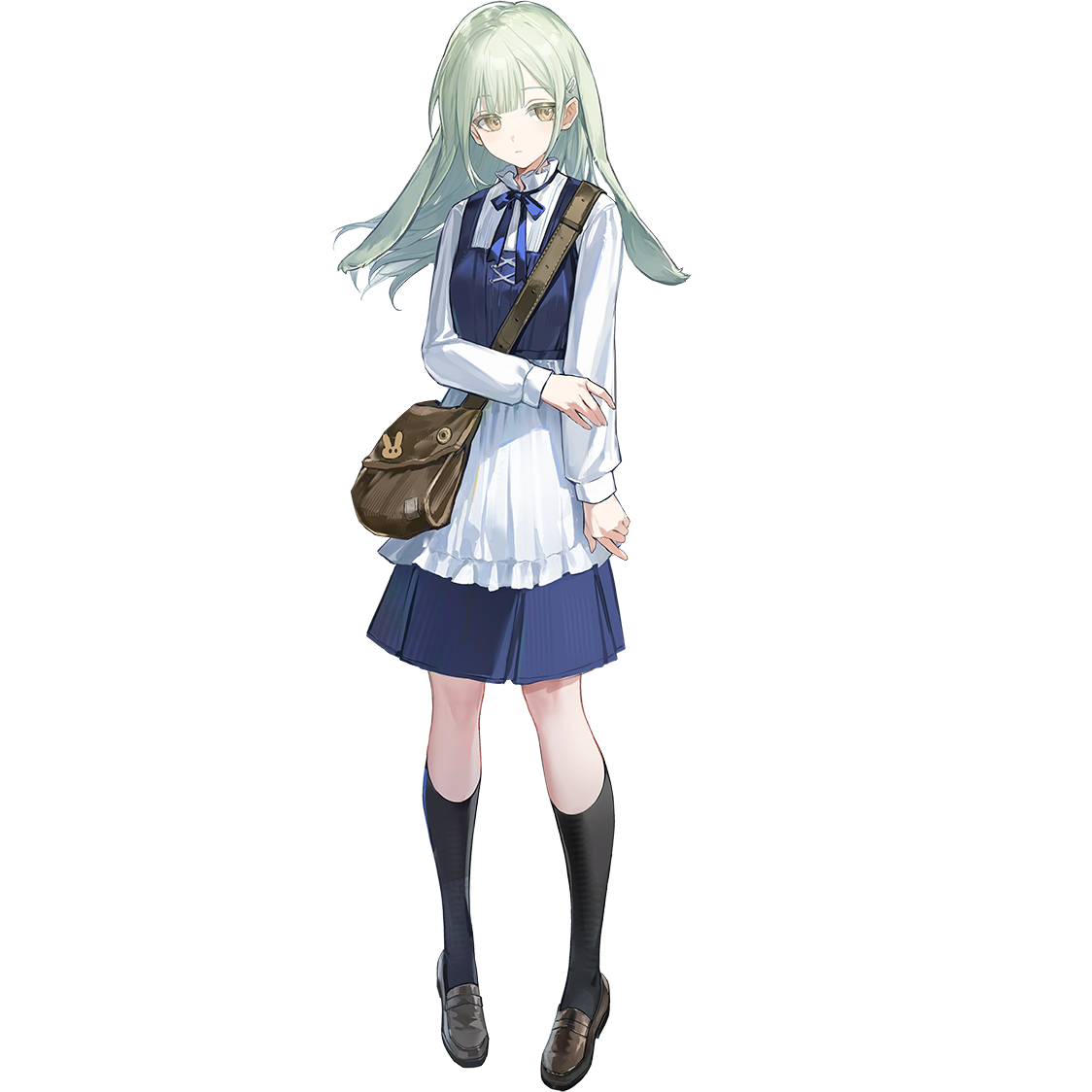 wenquangua, wakaba mutsumi, arknights, bang dream!, bang dream! it's mygo!!!!!, official art, third-party source, 1girl, animal ears, bag, blue dress, blue ribbon, brown bag, brown shoes, dress, full body, green hair, hair ornament, hairclip, kneehighs, loafers, long hair, neck ribbon, pinafore dress, rabbit ears, rabbit girl, ribbon, shoes, shoulder bag, sleeveless, sleeveless dress, socks, solo, tachi-e, wakaba mutsumi (marionette's id), yellow eyes