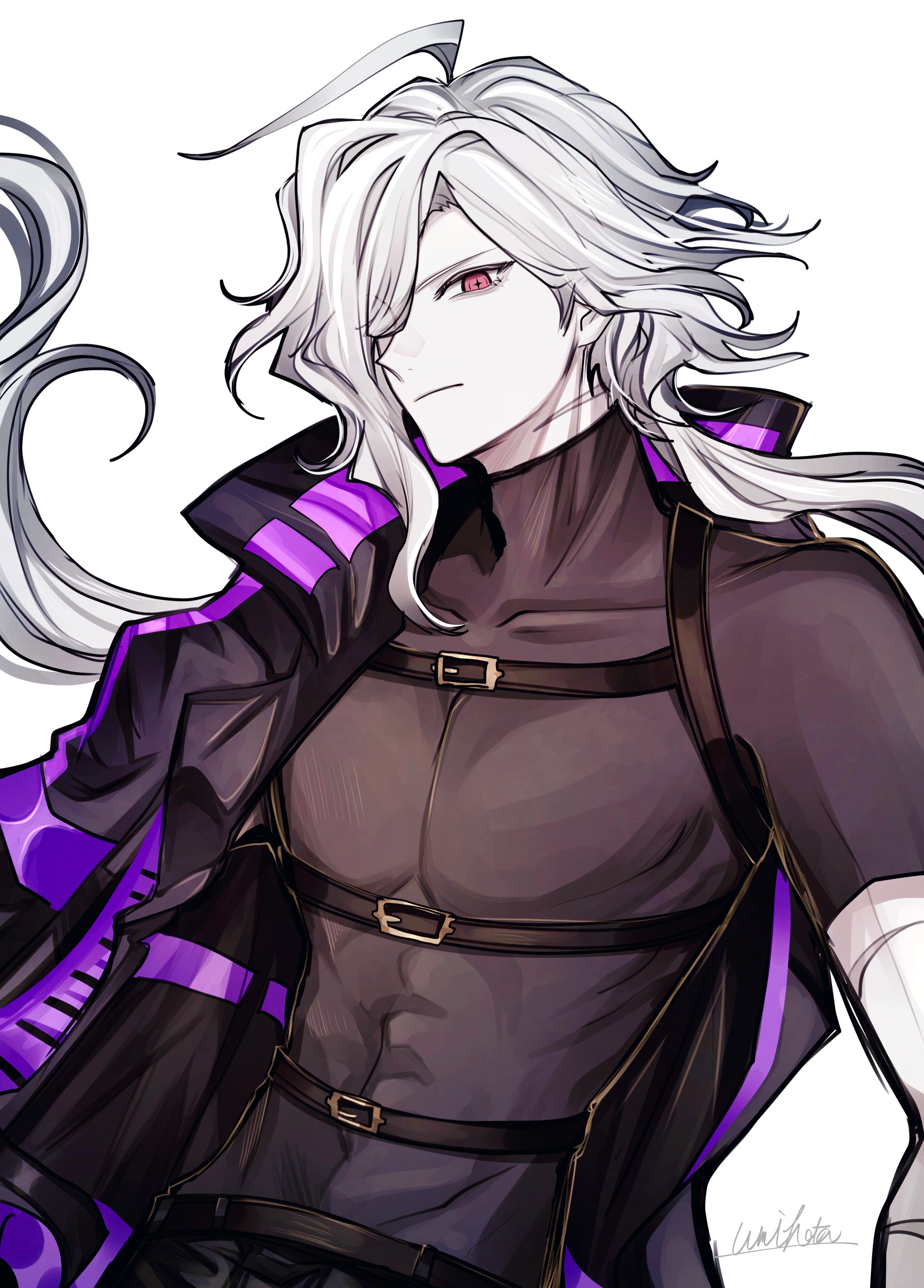 umihotasan, edmond dantes (fate), the count of monte cristo (fate), fate/grand order, fate (series), absurdres, highres, 1boy, ahoge, artist name, belt, black belt, black jacket, black shirt, chest belt, closed mouth, cross-shaped pupils, elbow gloves, frown, gloves, hair over one eye, jacket, jacket partially removed, long hair, looking at viewer, low ponytail, male focus, ponytail, red eyes, shirt, signature, simple background, solo, symbol-shaped pupils, the count of monte cristo (future encounter) (fate), tight clothes, tight shirt, upper body, very long hair, white background, white gloves, white hair