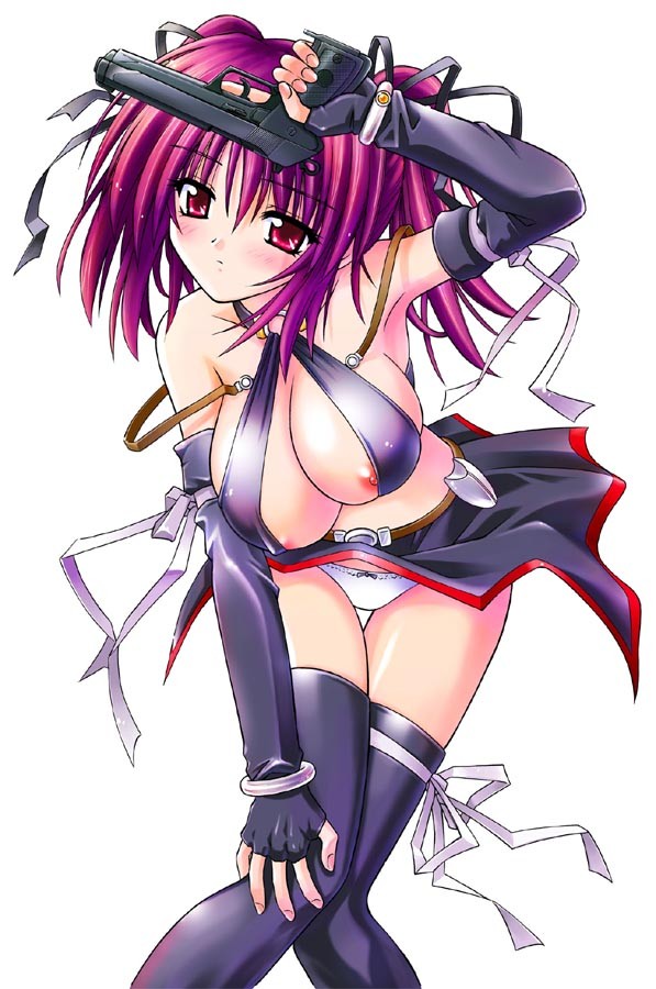 blush, breasts, gun, midriff, panties, skirt, thighhighs, underwear, weapon