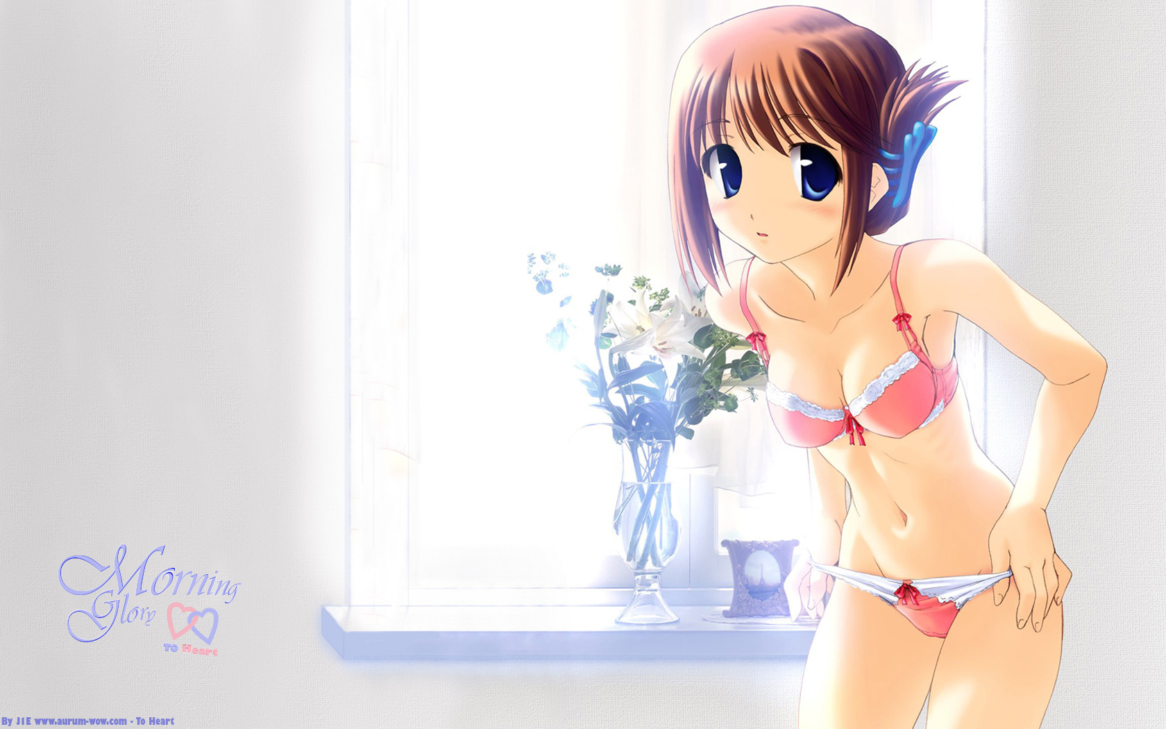 norizou, norizou type-r, komaki manaka, to heart (series), to heart 2, highres, 00s, 1girl, bikini, blue eyes, blush, bra, brown hair, collarbone, eyelashes, female focus, flower, hair between eyes, hair ornament, indoors, lingerie, looking at viewer, midriff, navel, panties, panty pull, pink bra, short hair, solo, swimsuit, underwear, undressing