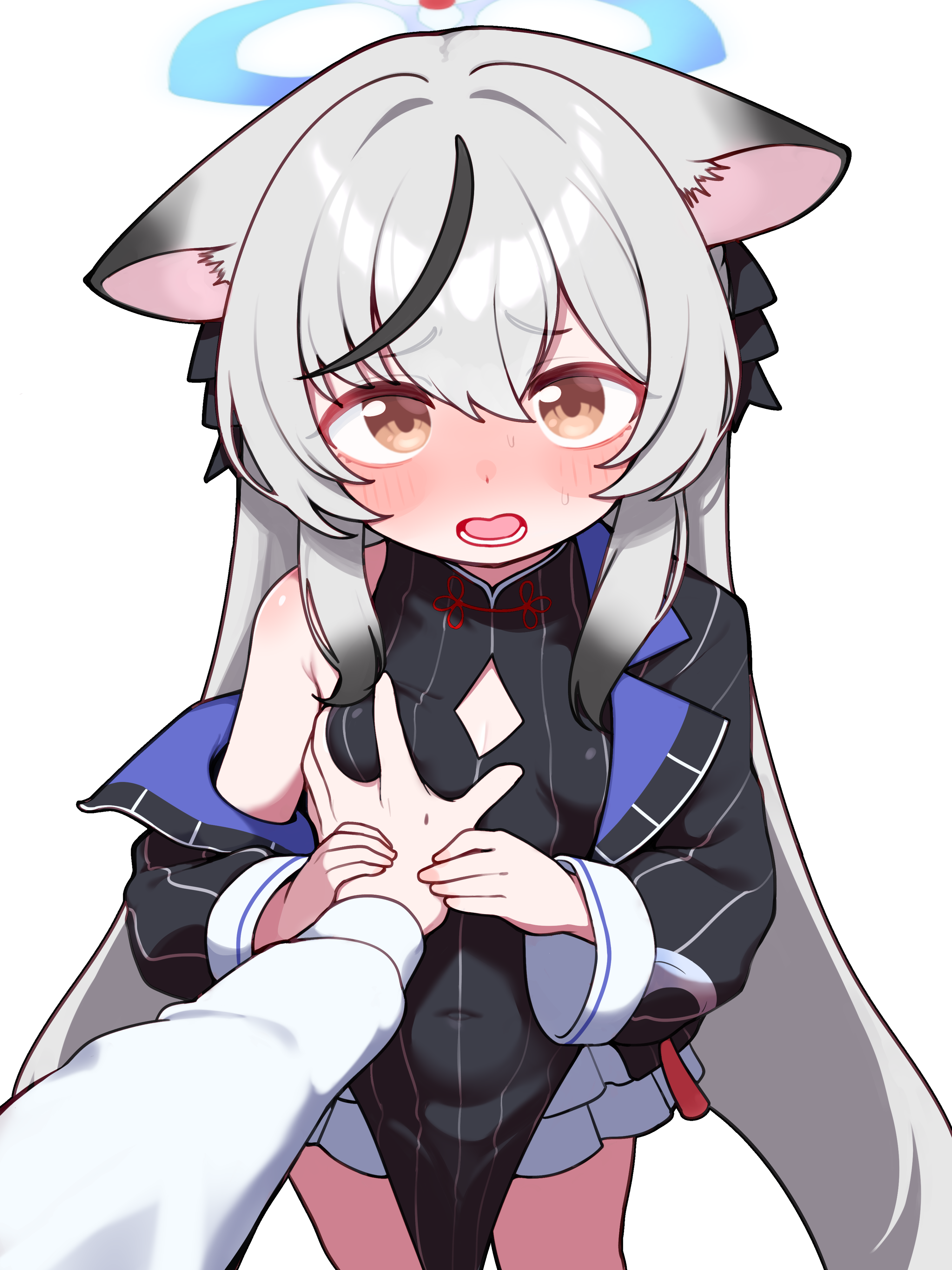 lk149, kokona (blue archive), blue archive, absurdres, commentary, highres, 1boy, 1girl, above-cleavage cutout, animal ears, black dress, black jacket, black streaks, blue halo, blush, breasts, clothing cutout, covered navel, diamond cutout, dot nose, dress, frilled skirt, frills, furrowed brow, grabbing another's breast, grey hair, groping, guided breast grab, guiding hand, halo, hand on another's chest, hands up, holding another's hand, jacket, layered skirt, loli, long hair, long sleeves, looking at viewer, lower teeth only, multicolored hair, off shoulder, open mouth, orange eyes, pov, pov hands, shirt, sidelocks, simple background, single bare shoulder, skirt, small breasts, standing, streaked hair, striped clothes, striped dress, striped jacket, teeth, thighs, vertical-striped clothes, vertical-striped dress, vertical-striped jacket, very long hair, white background, white shirt, white skirt