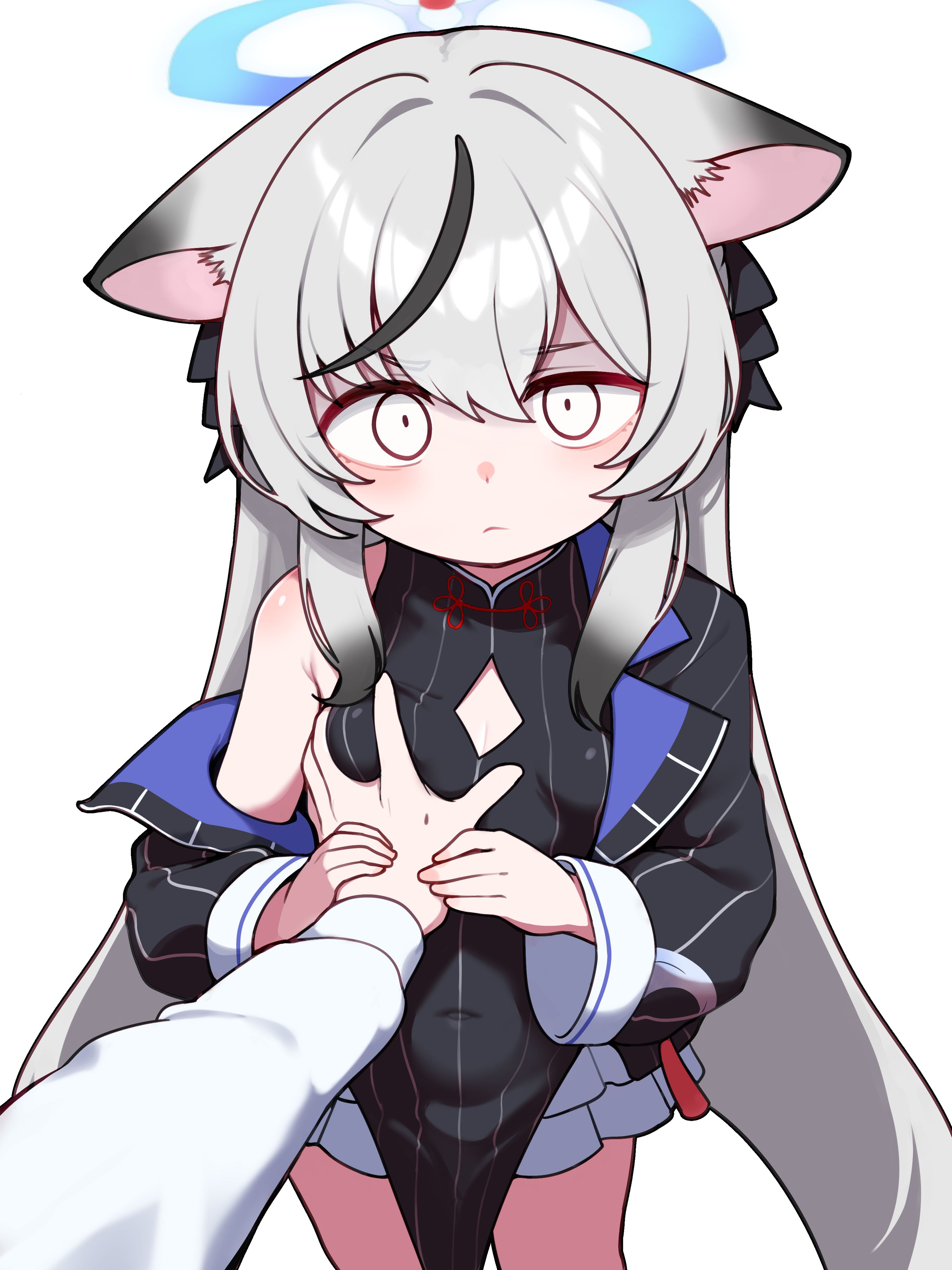 lk149, kokona (blue archive), blue archive, absurdres, commentary, highres, 1boy, 1girl, above-cleavage cutout, animal ears, black dress, black jacket, black streaks, blue halo, blush, breasts, closed mouth, clothing cutout, covered navel, diamond cutout, dot nose, dress, frilled skirt, frills, glaring, grabbing another's breast, grey hair, groping, guided breast grab, guiding hand, halo, hand on another's chest, hands up, holding another's hand, jacket, layered skirt, loli, long hair, long sleeves, looking at viewer, multicolored hair, off shoulder, pov, pov hands, shaded face, shirt, sidelocks, simple background, single bare shoulder, skirt, small breasts, standing, streaked hair, striped clothes, striped dress, striped jacket, thighs, vertical-striped clothes, vertical-striped dress, vertical-striped jacket, very long hair, white background, white shirt, white skirt