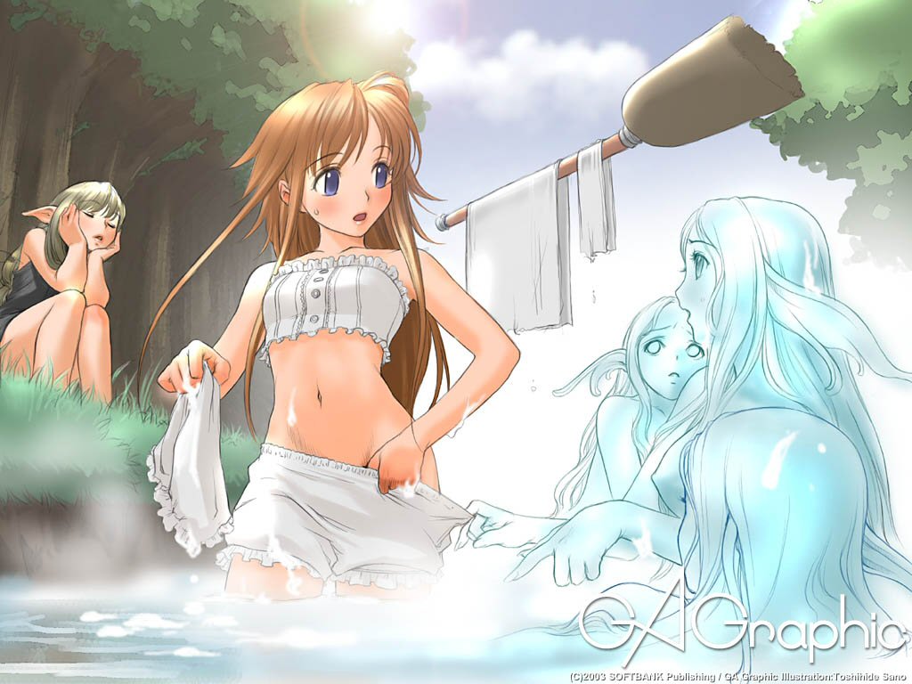 5girls, breasts, cloud, elf, female focus, long hair, mermaid, midriff, monster girl, multiple girls, navel, outdoors, partially submerged, plant, pointy ears, sitting, sky, sleeping, standing, tree, undressing, witch