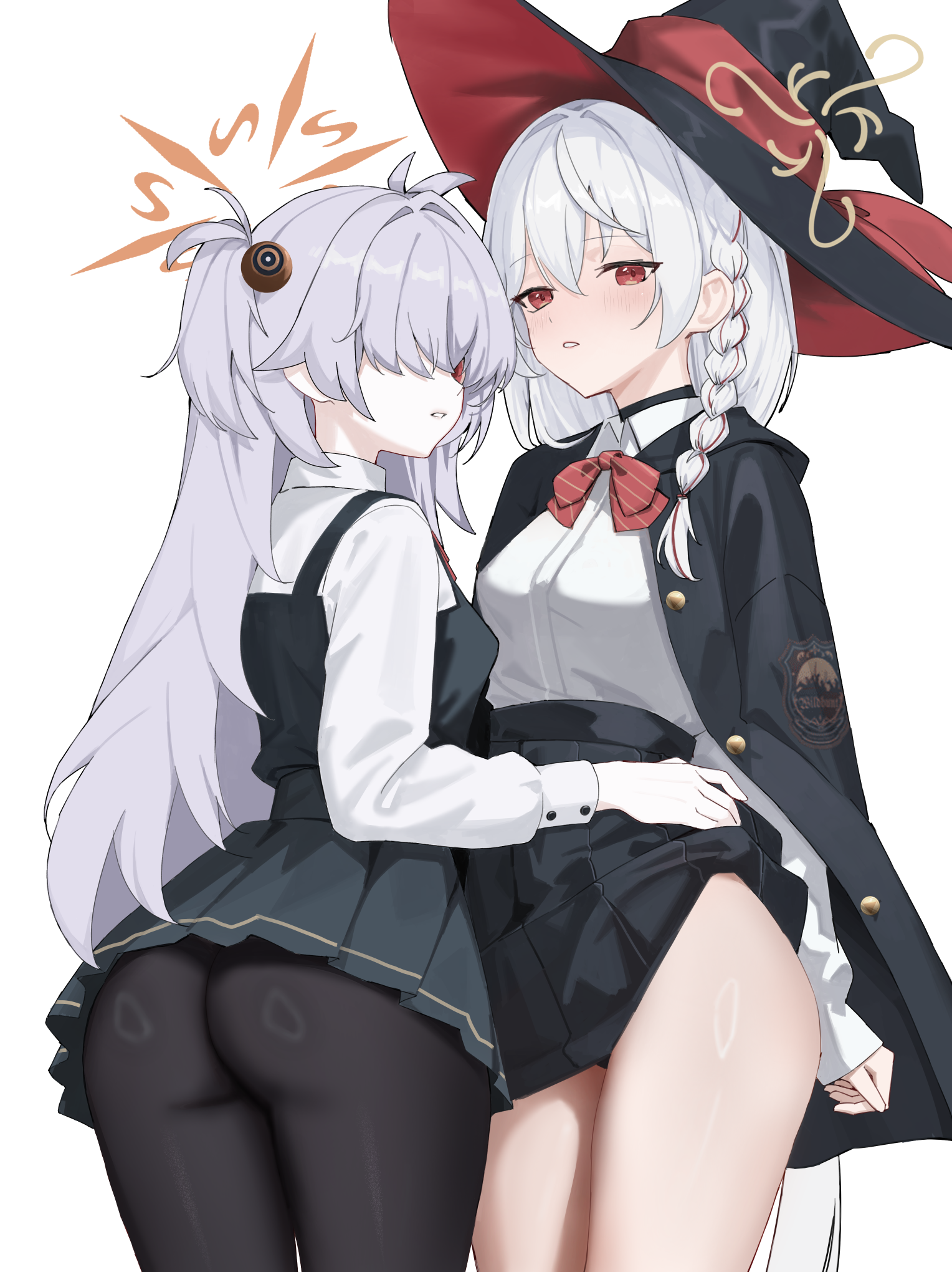 fuujin (windust michio), eri (blue archive), kanoe (blue archive), blue archive, highres, 2girls, ass, black choker, black jacket, black pantyhose, black skirt, blush, braid, breasts, choker, dress, grey hair, hair over one eye, halo, hat, jacket, large breasts, long hair, long sleeves, looking at another, looking at viewer, multiple girls, open clothes, open jacket, pantyhose, pinafore dress, red eyes, school uniform, shirt, simple background, skirt, sleeveless, sleeveless dress, white background, white hair, white shirt, witch hat