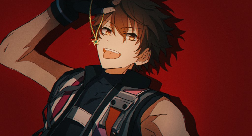 llmtmllmt, morisawa chiaki, ensemble stars!, commentary request, 1boy, black gloves, brown eyes, brown hair, gloves, holding, holding jewelry, holding necklace, jewelry, looking at viewer, male focus, necklace, official alternate costume, open mouth, red background, sleeveless, solo, supervillain (ensemble stars!), teeth, tongue, tongue out, upper body, upper teeth only
