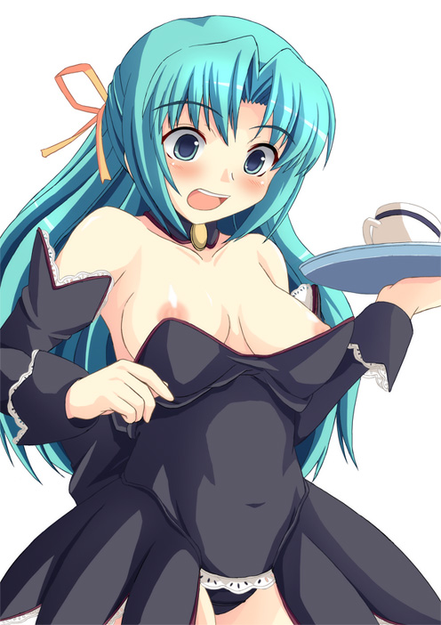 higurashi no naku koro ni, 00s, 1girl, blush, breasts, clothes lift, cowboy shot, female focus, leotard, long hair, nipples, panties, shirt lift, simple background, solo, standing, underwear, waitress, white background