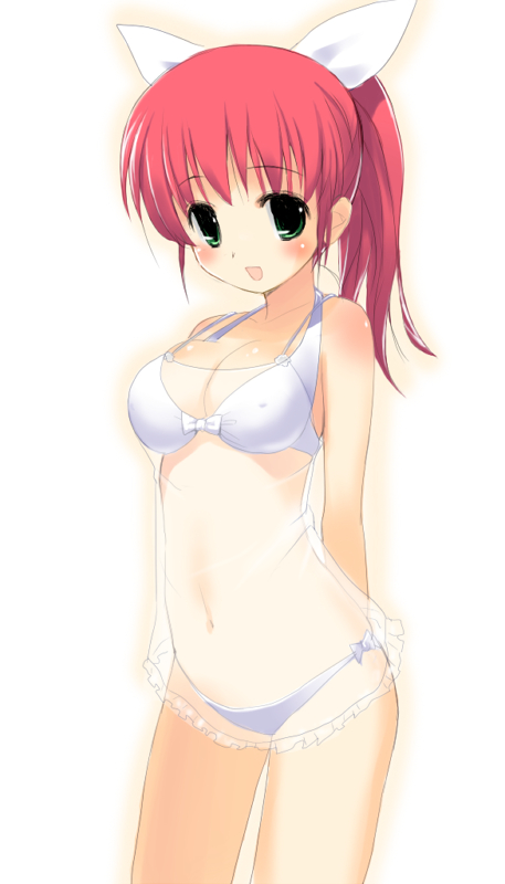 hana, hima, hana (pangya), pangya, 1girl, bikini, blush, bow, bow panties, bra, breasts, chemise, female focus, green eyes, lingerie, long hair, panties, ponytail, red hair, see-through clothes, solo, swimsuit, underwear