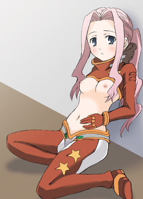 darry adai, tengen toppa gurren lagann, 00s, 1girl, blue eyes, blush, breasts, female focus, long hair, medium breasts, midriff, nipples, no bra, pink hair, ponytail, solo