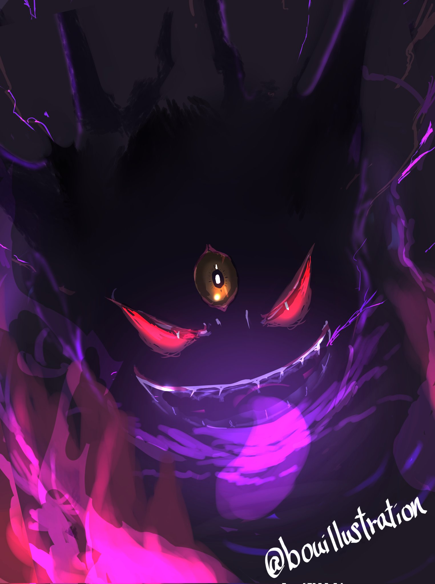 bo (bouillustration), gengar, mega gengar, nintendo, pokemon, highres, colored sclera, gen 1 pokemon, ghost, grin, looking at viewer, mega pokemon, no humans, pokemon (creature), pokemon focus, red eyes, smile, teeth, third eye
