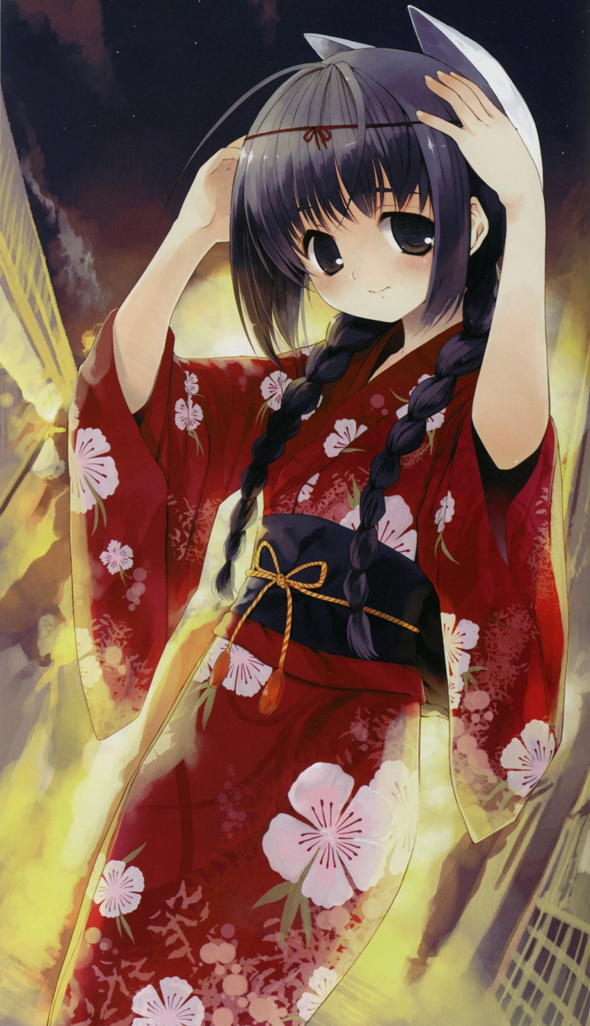 artist request, character request, copyright request, highres, tagme, 1girl, animal ears, blush, cat ears, female focus, japanese clothes, kimono, long hair, solo, yukata