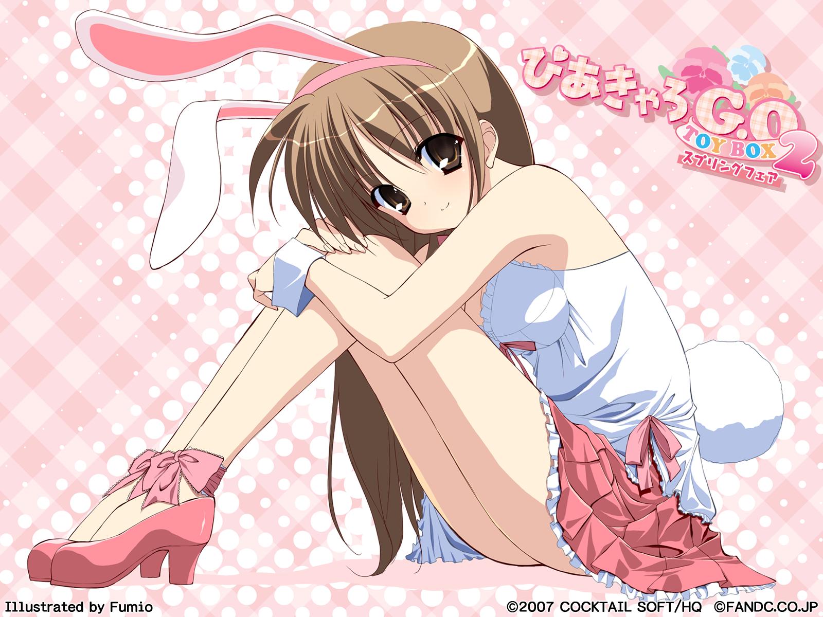 fumio (ura fmo), kunugi ayano, pia carrot (series), pia carrot e youkoso!!, pia carrot e youkoso!! g.o., highres, non-web source, 1990s (style), 1girl, animal ears, blush, brown eyes, brown hair, camisole, female focus, high heels, hugging own legs, long hair, long legs, rabbit ears, rabbit girl, rabbit tail, retro artstyle, ribbon, shoes, sitting, skirt, smile, solo, tail