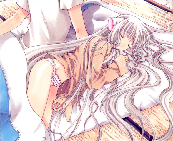 chii, motosuwa hideki, chobits, 00s, 1boy, 1girl, clothes lift, long hair, no pants, panties, shirt lift, sleeping, underwear