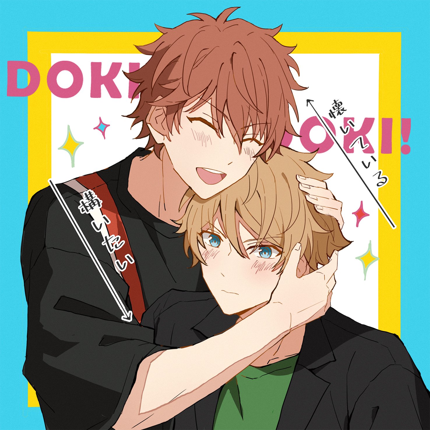 llmtmllmt, morisawa chiaki, takamine midori, ensemble stars!, commentary, highres, translation request, 2boys, black shirt, blush, brown hair, closed eyes, closed mouth, fingernails, hand on another's head, hug, lapels, male focus, multiple boys, notched lapels, open mouth, shirt, short hair, smile, sparkle, teeth, upper body, upper teeth only, yaoi