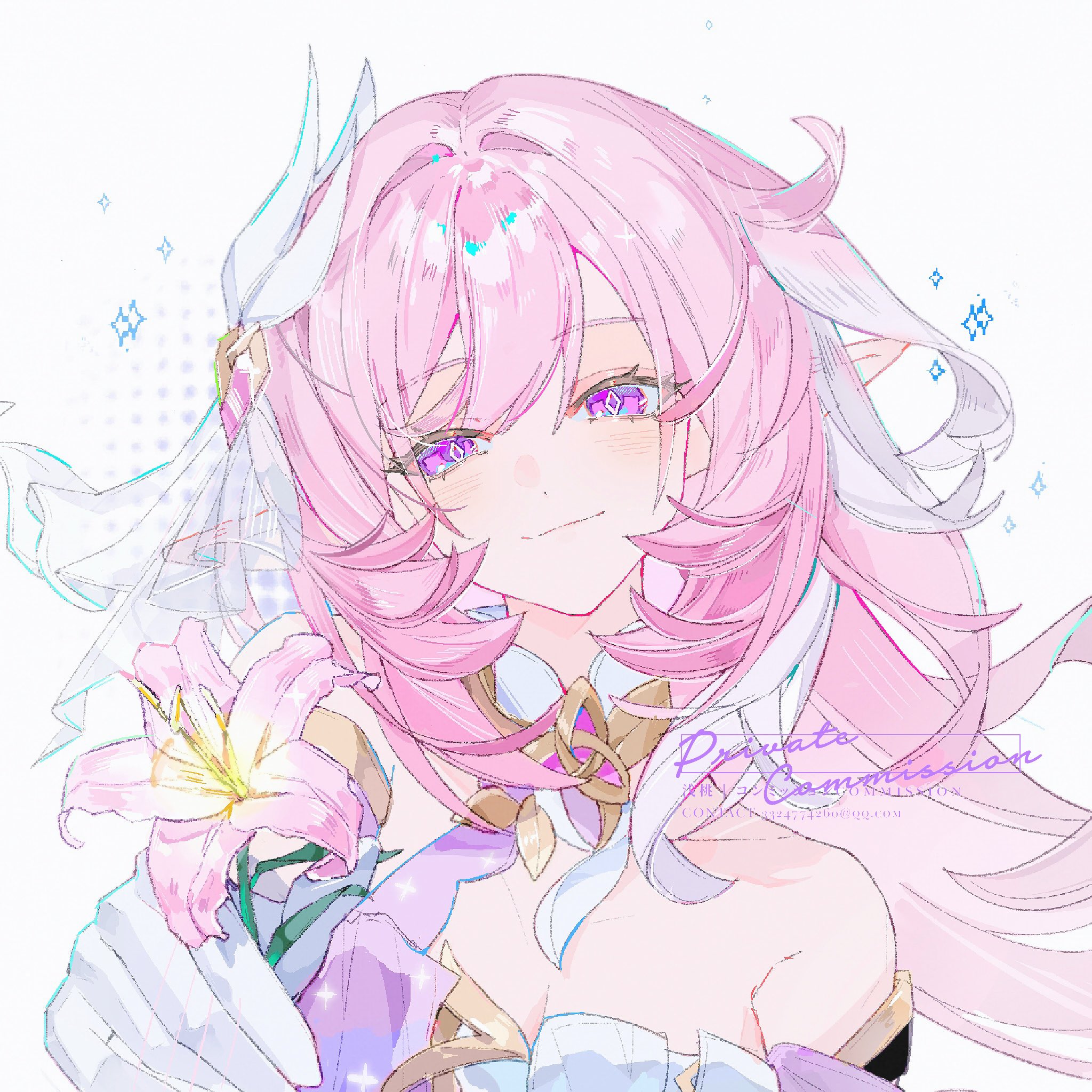 elysia (herrscher of human: ego) (honkai impact), elysia (honkai impact), honkai (series), honkai impact 3rd, artist request, commentary request, commission, highres, 1girl, bare shoulders, breasts, cleavage, diamond-shaped pupils, diamond (shape), elf, flower, hair ornament, holding, holding flower, large breasts, long hair, looking at viewer, multicolored hair, pink hair, pointy ears, purple eyes, purple hair, simple background, smile, solo, symbol-shaped pupils, triquetra, two-tone hair, upper body, very long hair, white background, white hair