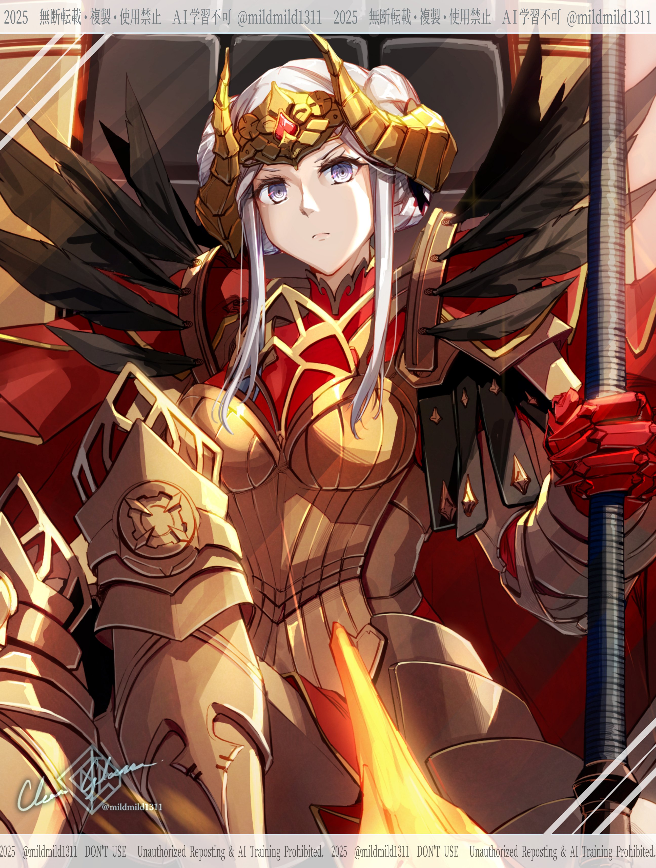 clear glass (mildmild1311), edelgard von hresvelg, edelgard von hresvelg (adrestian emperor), edelgard von hresvelg (timeskip), fire emblem, fire emblem: three houses, fire emblem heroes, nintendo, absurdres, highres, 1girl, armor, axe, battle axe, boobplate, breastplate, breasts, cape, closed mouth, crossed legs, fake horns, feather trim, feathers, gloves, hair ornament, headpiece, holding, horns, long hair, looking at viewer, official alternate costume, purple eyes, red cape, sitting, sitting on throne, solo, throne, weapon, white hair
