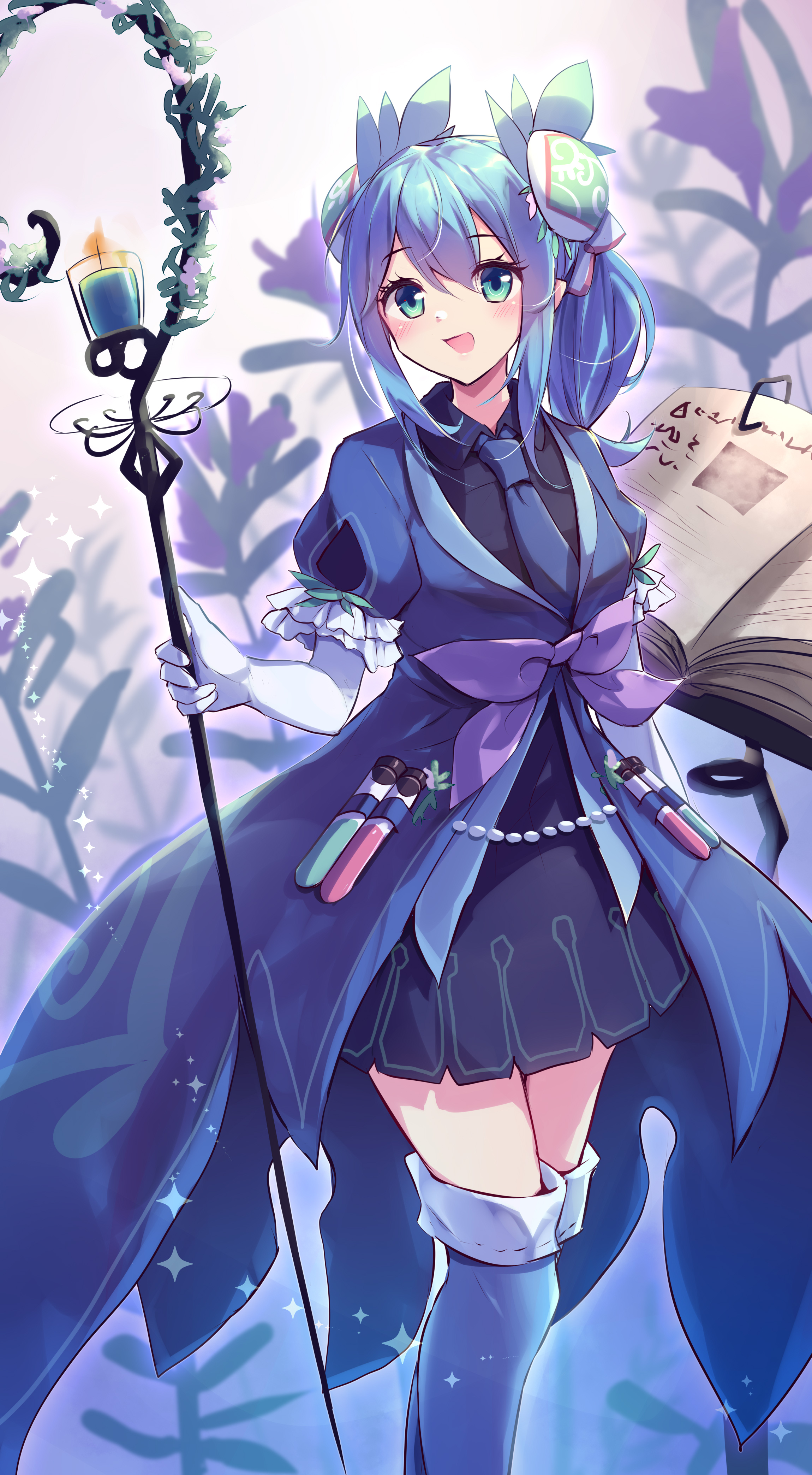 kanzakietc, aromage rosemary, yu-gi-oh!, absurdres, highres, 1girl, black shirt, black skirt, blue hair, blue necktie, blue thighhighs, blush, book, collared shirt, duel monster, elbow gloves, flower, frilled sleeves, frills, gloves, green eyes, hair between eyes, hair flower, hair ornament, holding, holding scepter, long hair, looking at viewer, necktie, open mouth, scepter, shirt, short sleeves, skirt, smile, solo, test tube, thighhighs, white gloves