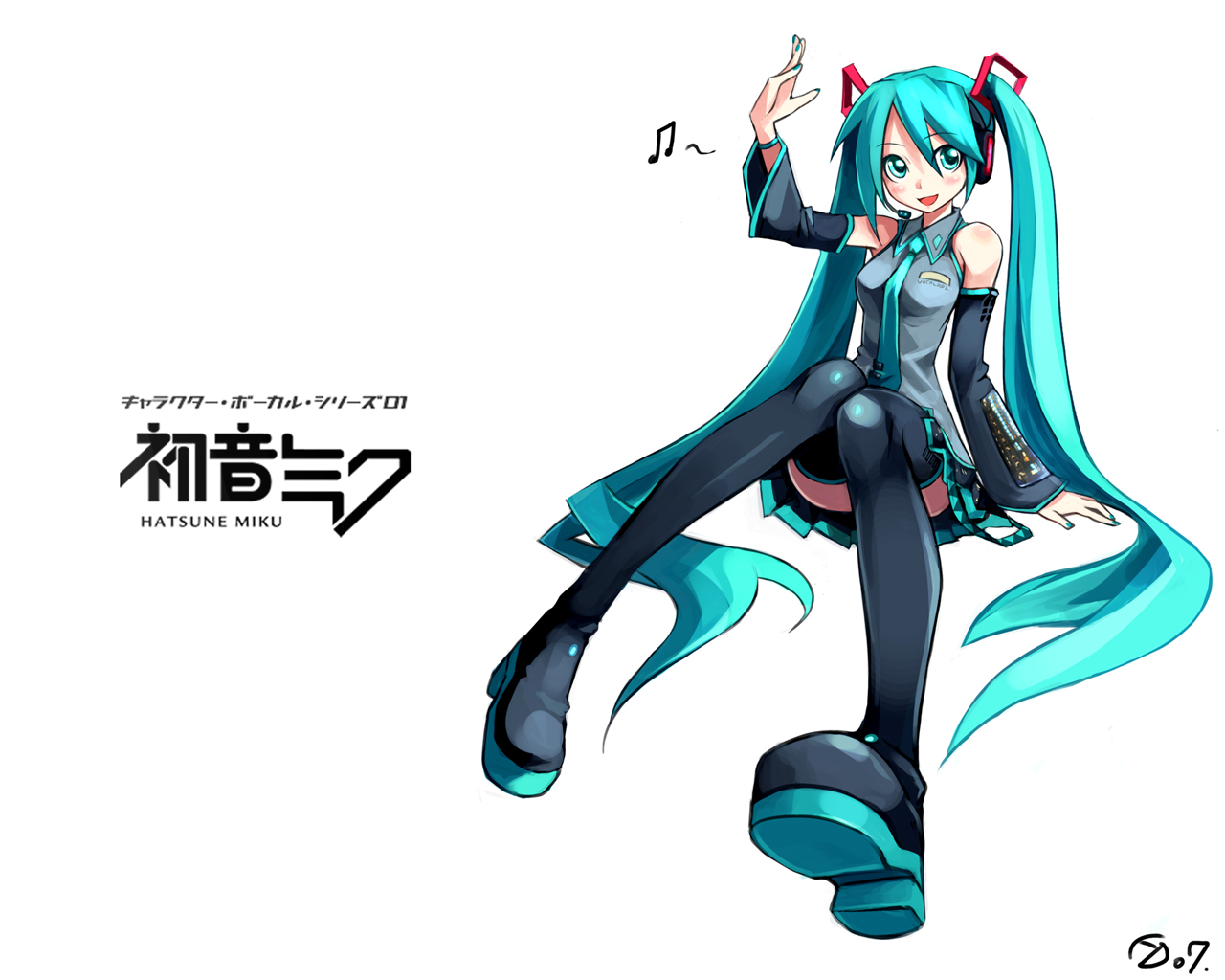 bailknight, hatsune miku, vocaloid, vocaloid2, 1girl, aqua hair, aqua nails, aqua necktie, beamed quavers, black thighhighs, blouse, blush, boots, character name, collared shirt, detached sleeves, female focus, grey shirt, hair between eyes, headset, legs, long hair, musical note, nail polish, necktie, shirt, simple background, sitting, skirt, sleeveless, sleeveless shirt, solo, thigh boots, thighhighs, twintails, very long hair, white background, zettai ryouiki