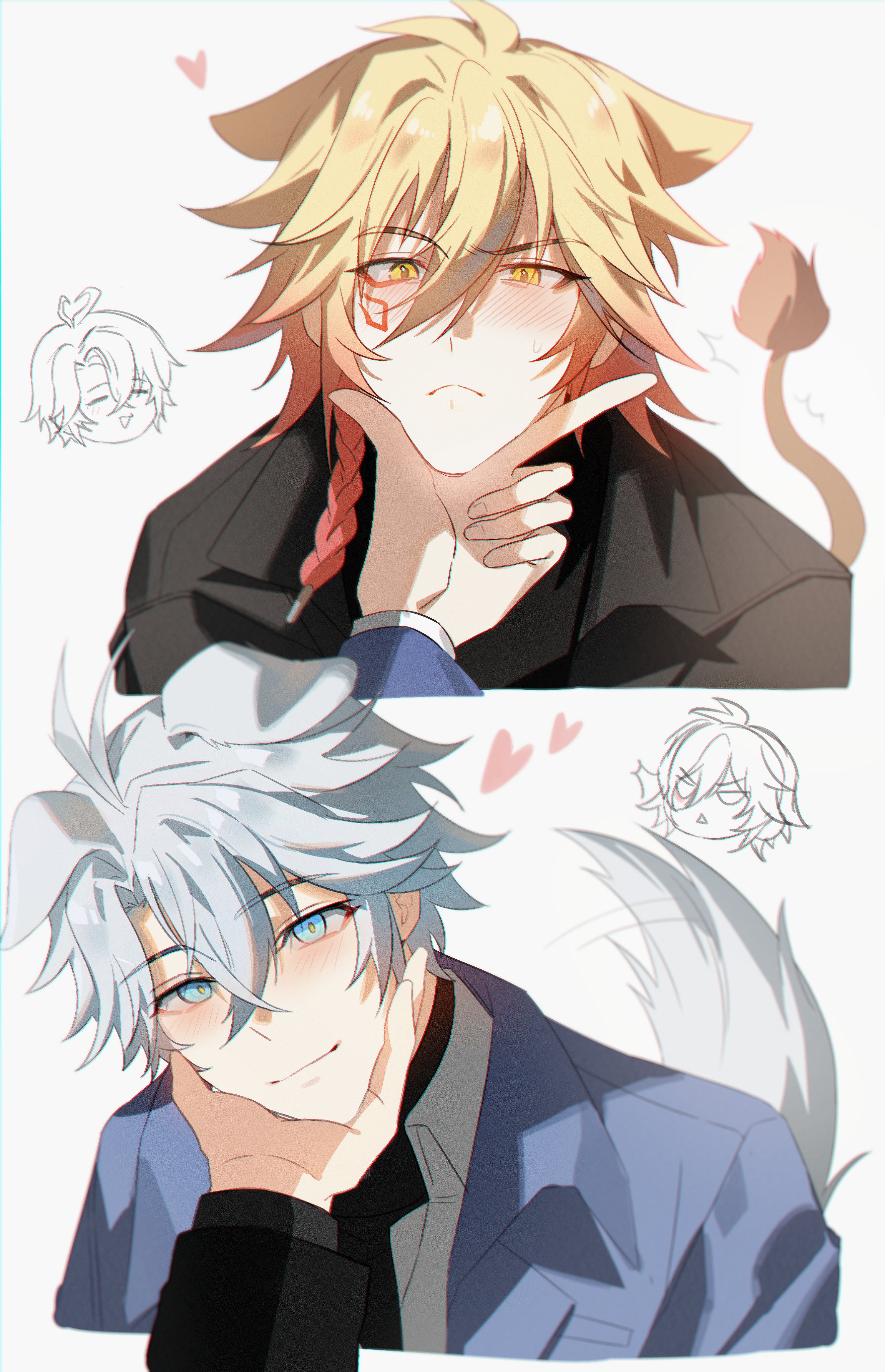 jujeop, mydei (honkai: star rail), phainon (honkai: star rail), honkai: star rail, honkai (series), absurdres, commentary, highres, 2boys, animal ears, antenna hair, black sweater, blonde hair, blue coat, blue eyes, blush, braid, coat, collared shirt, dog boy, dog ears, dog tail, facial tattoo, gradient hair, hair between eyes, hand on another's chin, lion boy, lion ears, lion tail, male focus, medium hair, multicolored hair, multiple boys, official alternate costume, open clothes, open coat, parted bangs, phainon (luckin coffee) (honkai: star rail), red hair, red tattoo, shirt, short hair, side braid, simple background, sweater, tail, tattoo, turtleneck, turtleneck sweater, white background, white hair, white shirt, yaoi, yellow eyes