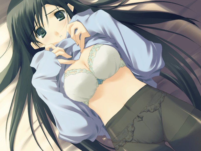 mitsumi misato, nakamura takeshi, sakaki shinobu, tenshi no inai 12-gatsu, game cg, 1girl, bed sheet, black hair, blush, bow, bow bra, bow panties, bra, breasts, cleavage, clothes lift, covered navel, cowboy shot, crotch seam, dutch angle, embarrassed, female focus, from above, green eyes, hands on own chest, indoors, lace, lace-trimmed bra, lace-trimmed panties, lace trim, large breasts, lingerie, long hair, long sleeves, looking at viewer, lying, midriff, no pants, on back, on bed, panties, panties under pantyhose, pantyhose, parted lips, raised eyebrows, shade, shirt lift, sleeves past wrists, solo, thigh gap, thighband pantyhose, underwear, undressing, very long hair, white bra