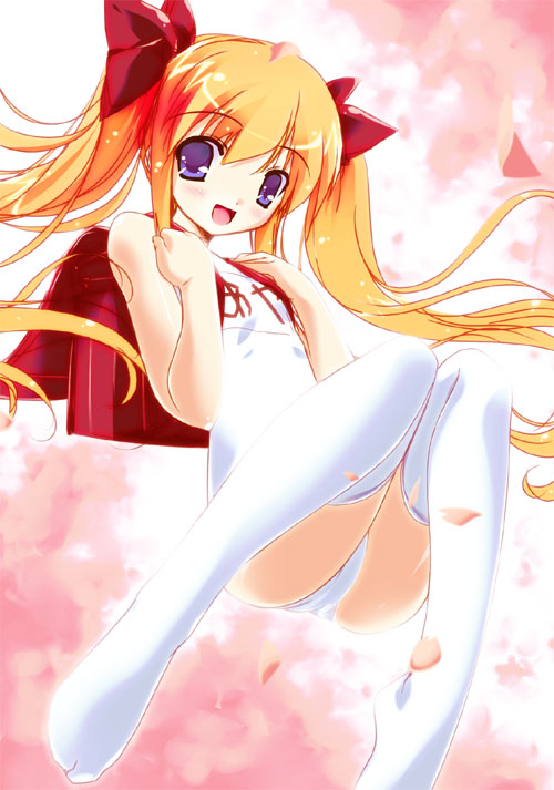 yuki usagi, original, 1girl, backpack, bag, bare shoulders, blush, bow, feet, female focus, hair bow, long hair, name tag, one-piece swimsuit, randoseru, school swimsuit, smile, solo, swimsuit, thighhighs, twintails, white one-piece swimsuit, white school swimsuit