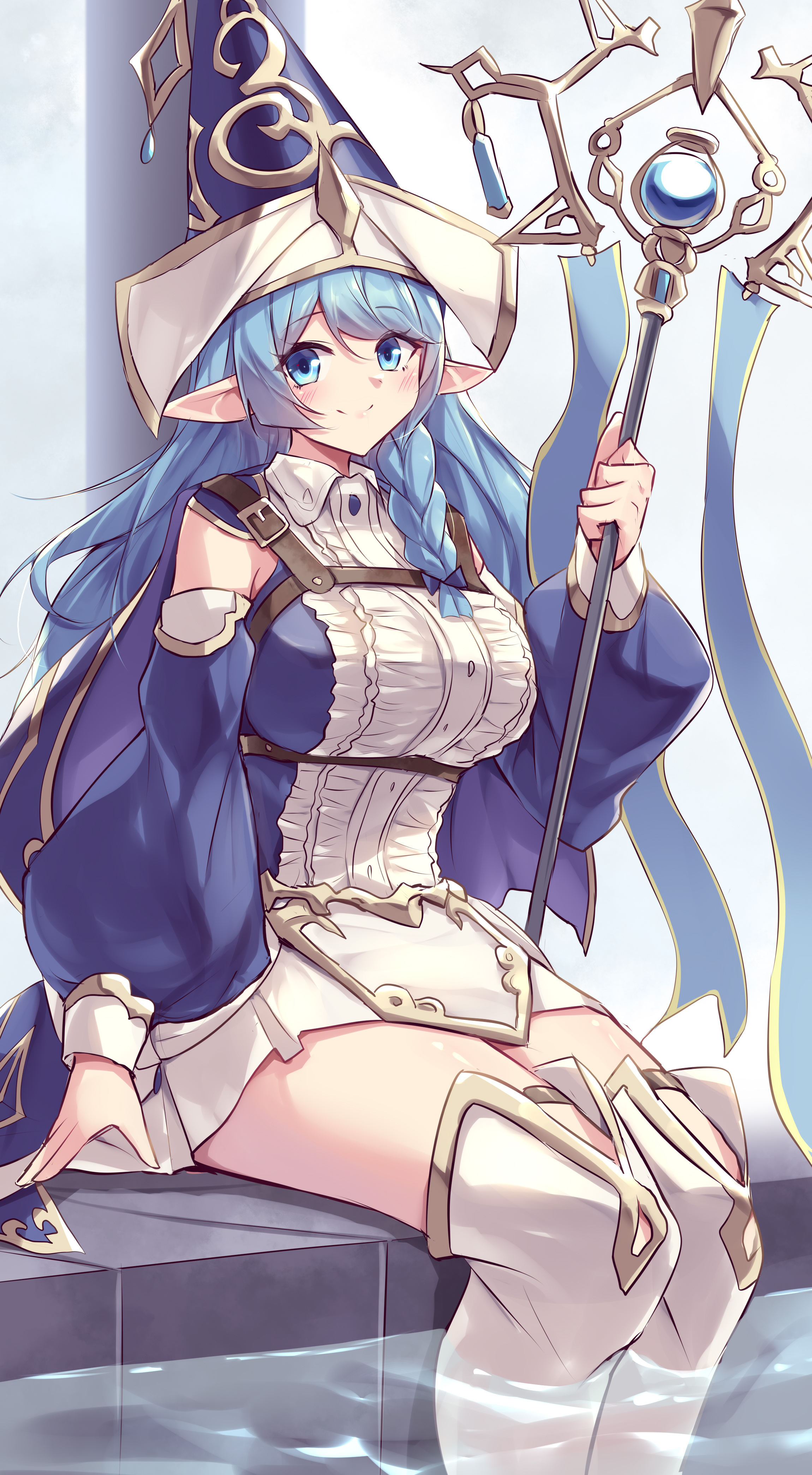 kanzakietc, water enchantress of the temple, yu-gi-oh!, absurdres, highres, 1girl, aqua eyes, aqua hair, blush, braid, breasts, closed mouth, detached sleeves, duel monster, frilled shirt, frills, hat, holding, holding scepter, large breasts, long hair, long sleeves, looking at viewer, scepter, shirt, side braid, single braid, sitting, smile, solo, thick thighs, thighhighs, thighs, very long hair, white thighhighs, wizard hat