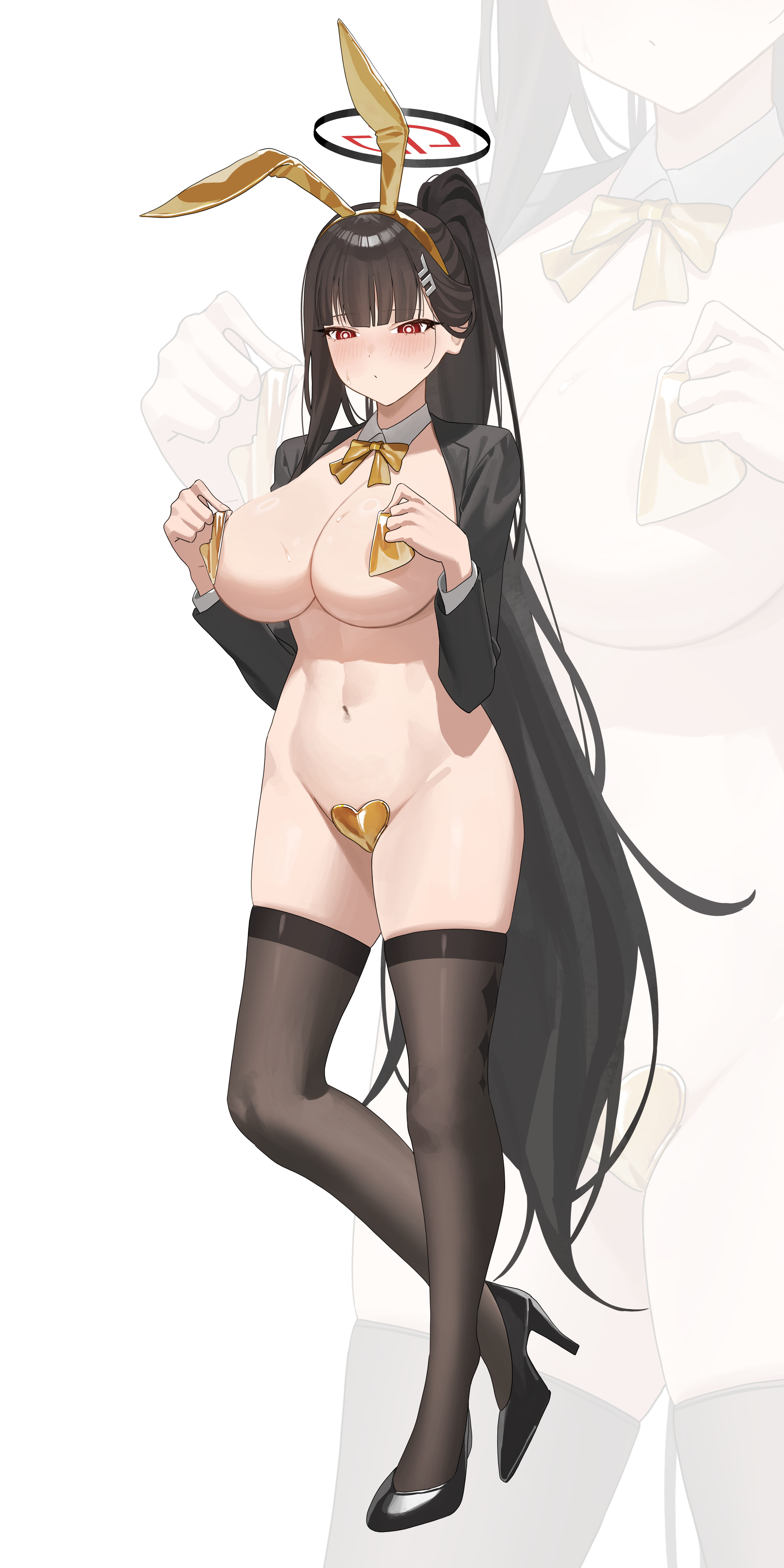 mm (mhm2592), rio (blue archive), blue archive, absurdres, commentary, highres, incredibly absurdres, 1girl, absurdly long hair, animal ear hairband, animal ears, black hair, black halo, black thighhighs, blush, bright pupils, fake animal ears, gold bowtie, gold hairband, groin, hairband, halo, heart maebari, high heels, high ponytail, holding pasties, leotard, long hair, maebari, navel, pasties, playboy bunny, ponytail, rabbit ear hairband, rabbit ears, red eyes, shrug (clothing), solo, stomach, thighhighs, thighs, very long hair, white pupils, zoom layer