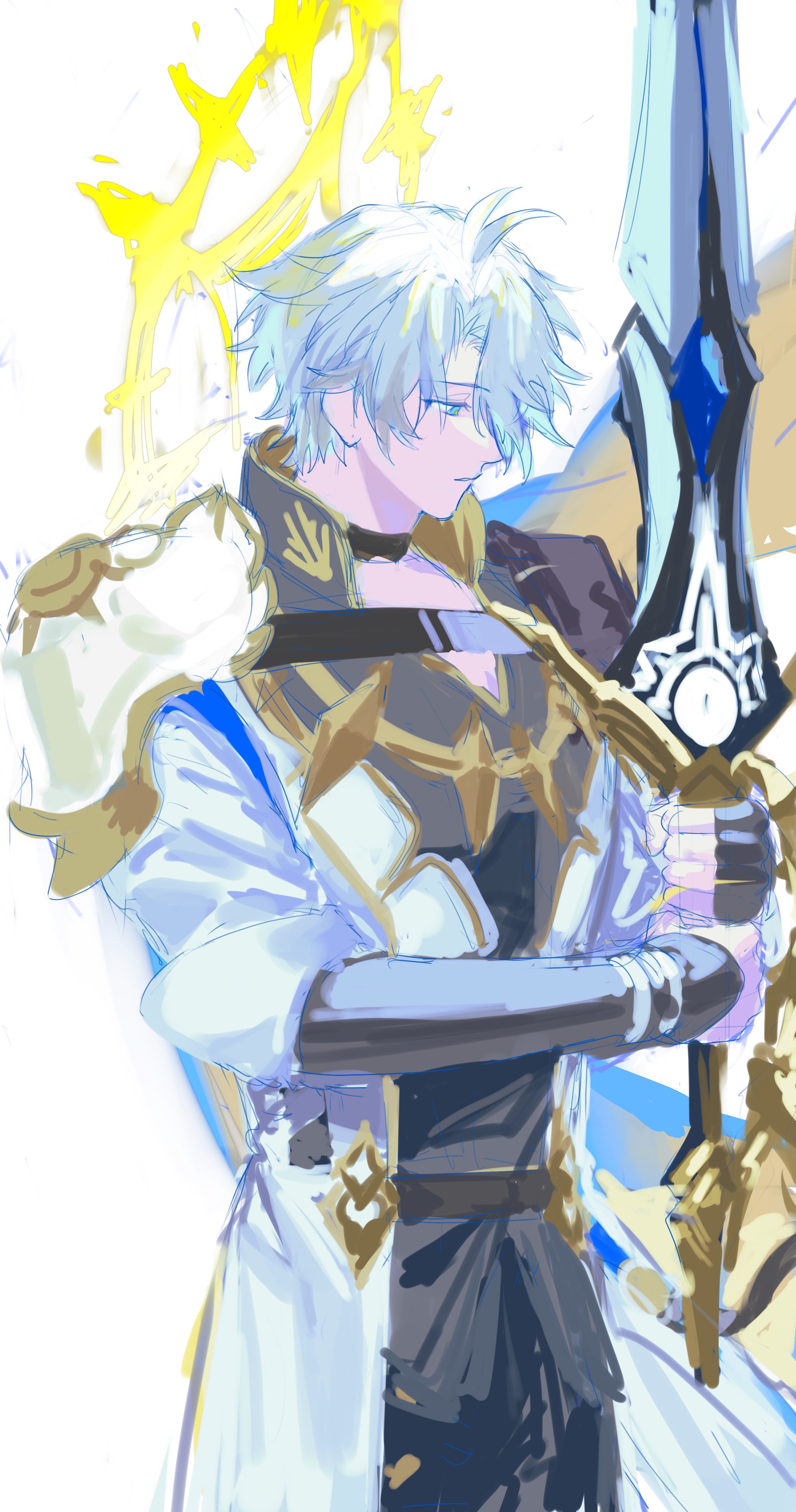 phainon (honkai: star rail), honkai: star rail, honkai (series), absurdres, highres, 1boy, armor, belt, black choker, black pants, blue eyes, choker, coat, cowboy shot, crossed bangs, dawnmaker (honkai: star rail), f1neo, grey hair, hair between eyes, holding, holding sword, holding weapon, male focus, pants, parted bangs, pauldrons, short hair, shoulder armor, single pauldron, solo, standing, sword, weapon, white coat, yellow pupils