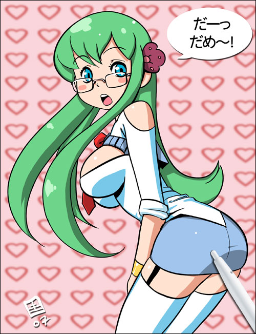 ass, blush, breasts, glasses, long hair, stylus, thighhighs