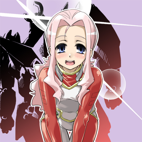 gengorou, darry adai, tengen toppa gurren lagann, lowres, 00s, 1girl, :d, bent over, blue eyes, blush, bodysuit, cowboy shot, female focus, long hair, open mouth, parted bangs, pink hair, ponytail, sidelocks, silhouette, skin tight, smile, solo, standing, thigh gap