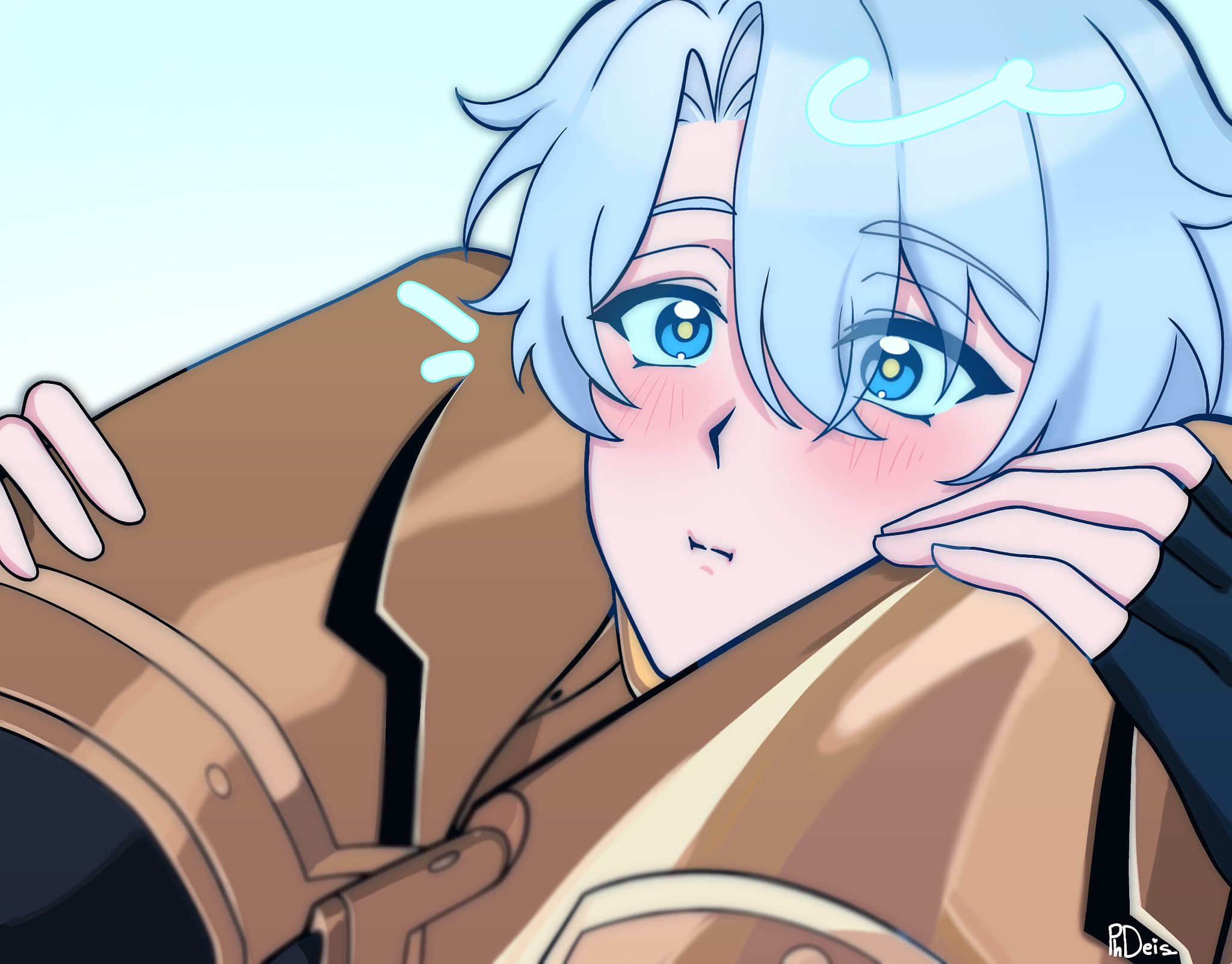 mydei (honkai: star rail), phainon (honkai: star rail), honkai: star rail, honkai (series), commentary, english commentary, highres, 2boys, black gloves, black pants, blue background, blue eyes, blush, fingerless gloves, gloves, head between thighs, leg armor, male focus, multiple boys, pants, parted bangs, phdeis, short hair, simple background, white hair, yaoi