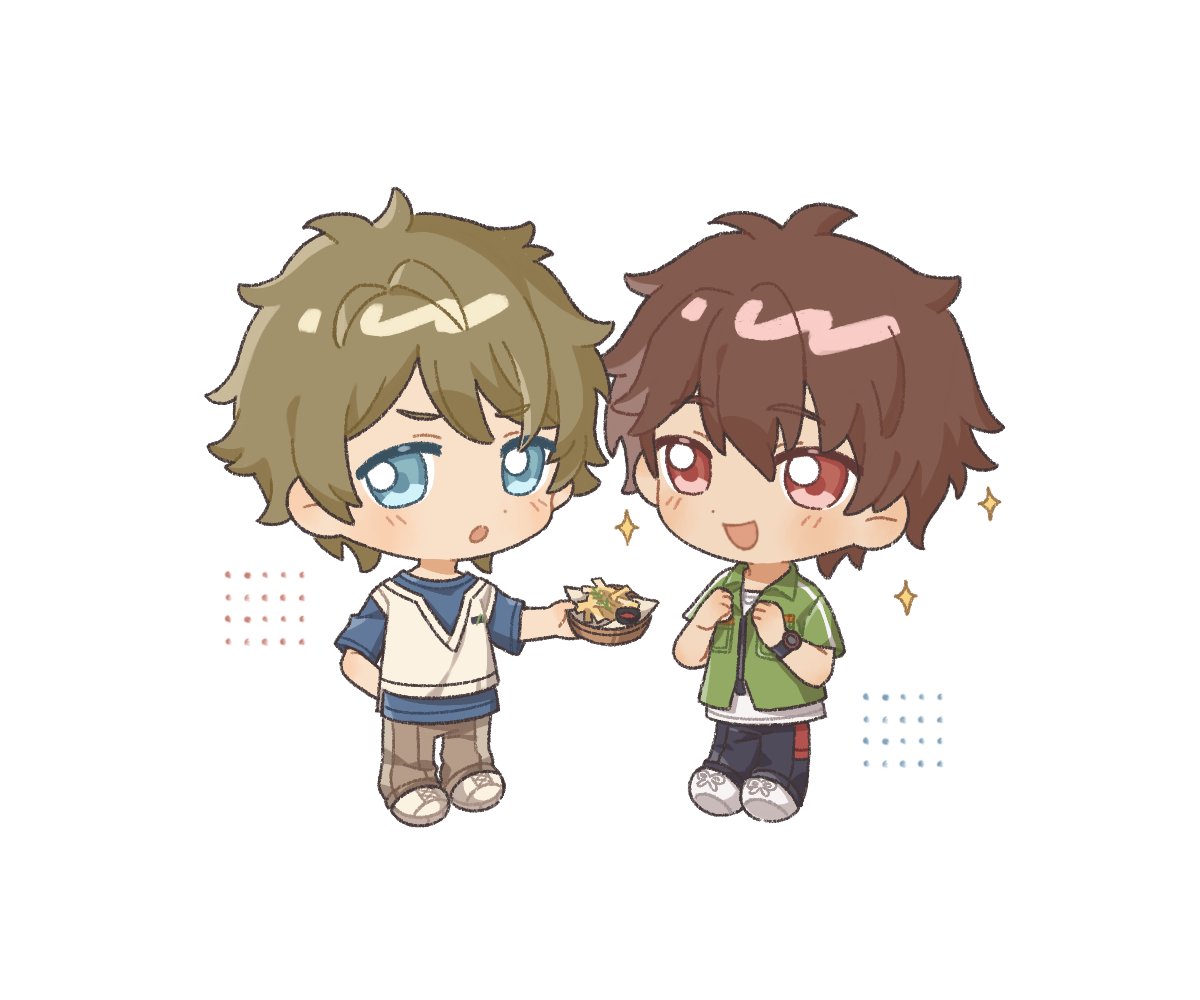 llmtmllmt, morisawa chiaki, takamine midori, ensemble stars!, commentary request, 2boys, averting eyes, blue eyes, blue shirt, blush, brown hair, clenched hands, colored eyelashes, full body, hands up, holding, male focus, multiple boys, open mouth, outstretched arm, shirt, short hair, short sleeves, simple background, smile, sparkle, standing, sweater vest, watch, white background, wristwatch
