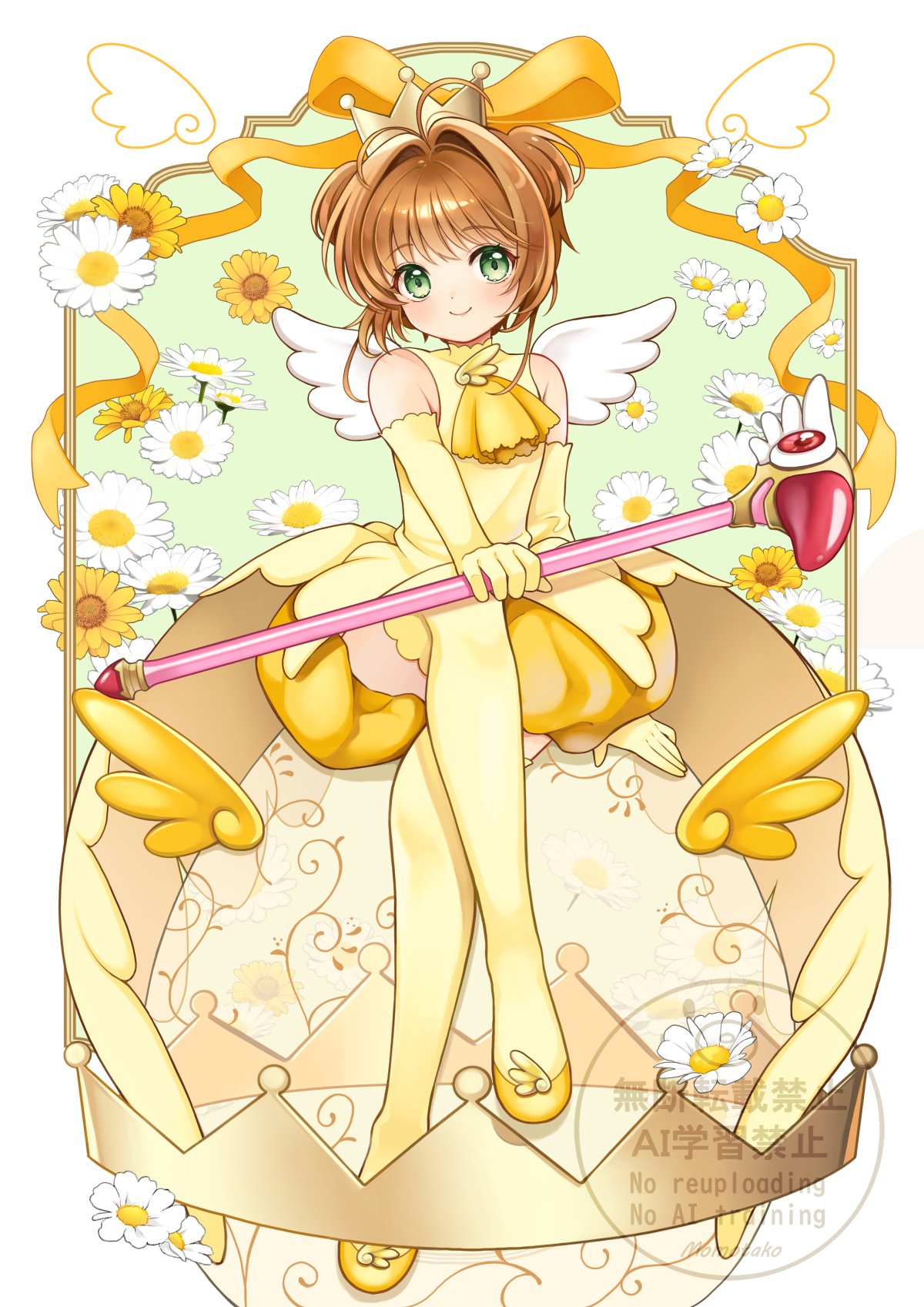momo-tako, kinomoto sakura, kinomoto sakura (miraculous sakura), cardcaptor sakura, commentary, english commentary, highres, 1girl, antenna hair, ascot, bare shoulders, bloomers, blush, brown hair, closed mouth, crossed legs, crown, dress, elbow gloves, full body, gloves, green background, green eyes, looking at viewer, ribbon, short hair, sitting, sleeveless, sleeveless dress, smile, solo, thighhighs, two side up, underwear, watermark, yellow ascot, yellow bloomers, yellow dress, yellow gloves, yellow ribbon, yellow thighhighs