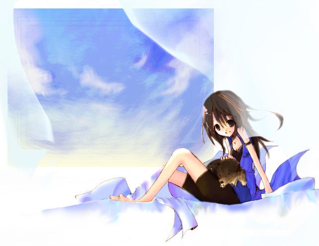 rinoa heartilly, final fantasy, final fantasy viii, 1990s (style), barefoot, bed, bike shorts, brown hair, cloud, dog, long hair, sitting, sky, smile, wind, window