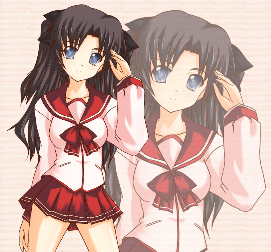 tohsaka rin, fate (series), to heart (series), artist request, tagme, 1girl, cosplay, crossover, female focus, school uniform, serafuku, solo, twintails