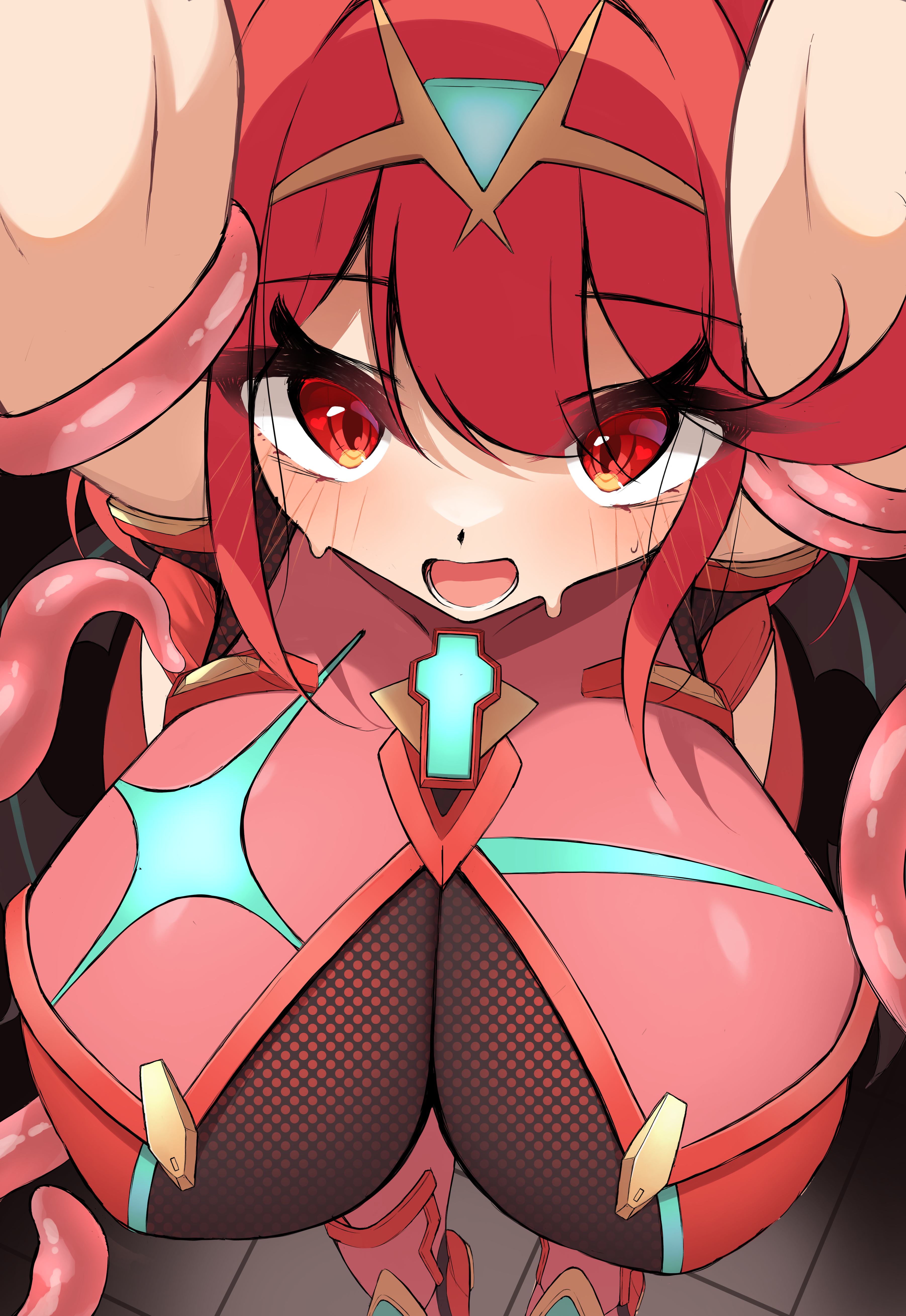 mikan (mika n95), pyra (xenoblade), xenoblade chronicles (series), xenoblade chronicles 2, absurdres, highres, bob cut, breasts, chest jewel, core crystal (xenoblade), gem, headpiece, huge breasts, red hair, restrained, swept bangs, tentacles, tiara